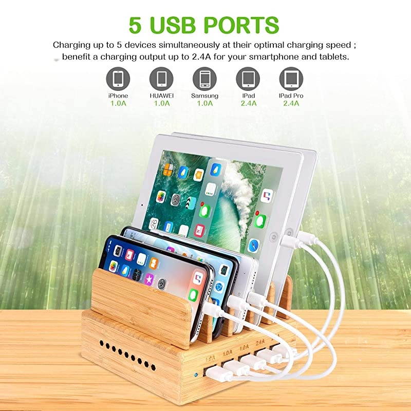 Bamboo Charging Station Wood Charging Station for Multiple Devices with 5 Ports USB Charger Docking Station for iPhone iPadTablet and Android Cell Phone