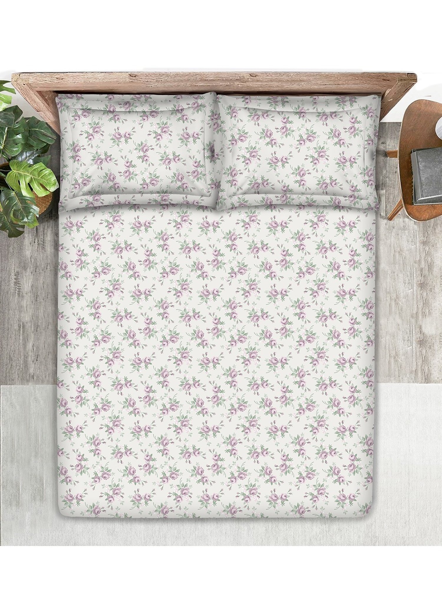 Boutique Living Regent Park Floral Purple 200 TC Cotton Blend King Bed Sheet with 2 Pillow Covers