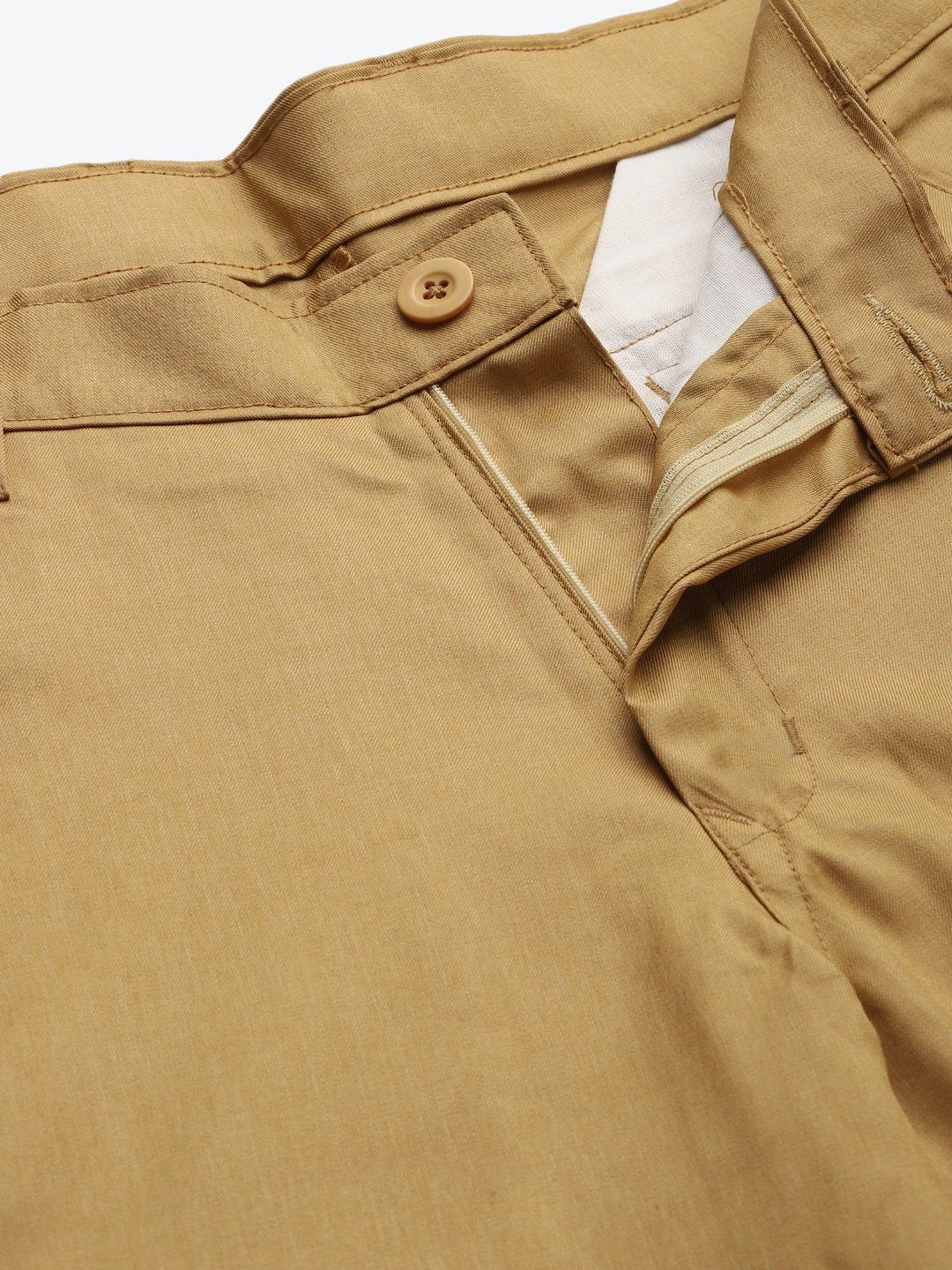 Sojanya Khaki Cotton Regular Slim Fit Flat Front Trousers