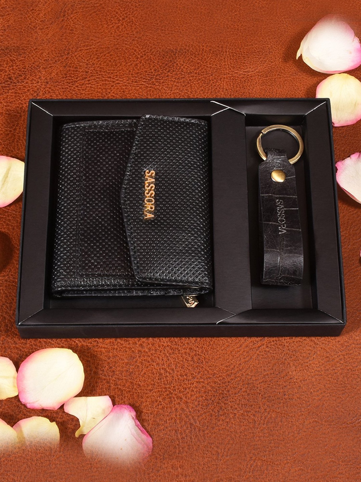 Sassora Black Small Leather Wallet With Keychain Gift Set (Pack Of 2)