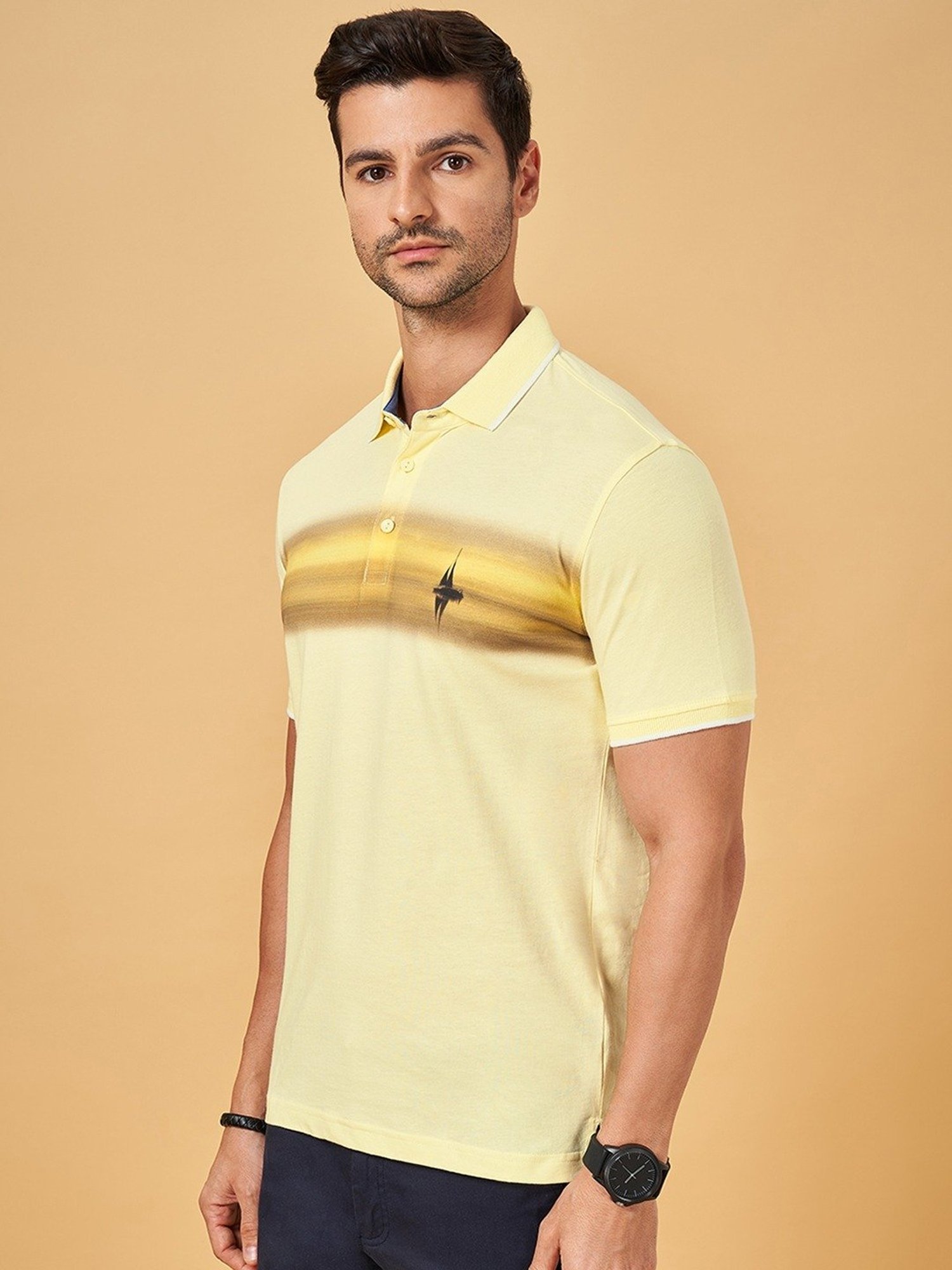 Byford By Pantaloons Light Yellow Slim Fit Printed Polo T-Shirt