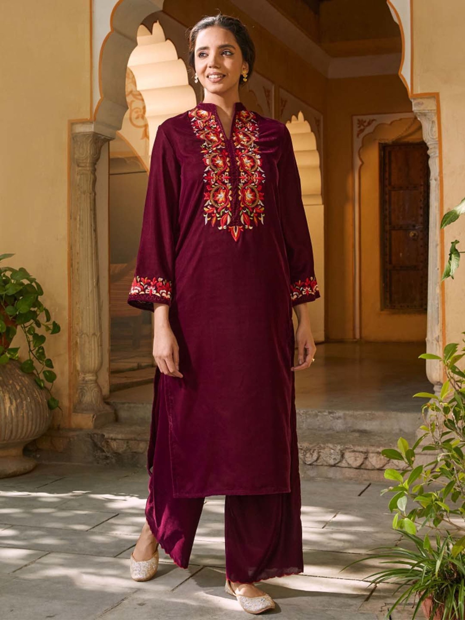 Rustorange Pink Embroidered Kurta Pant Set