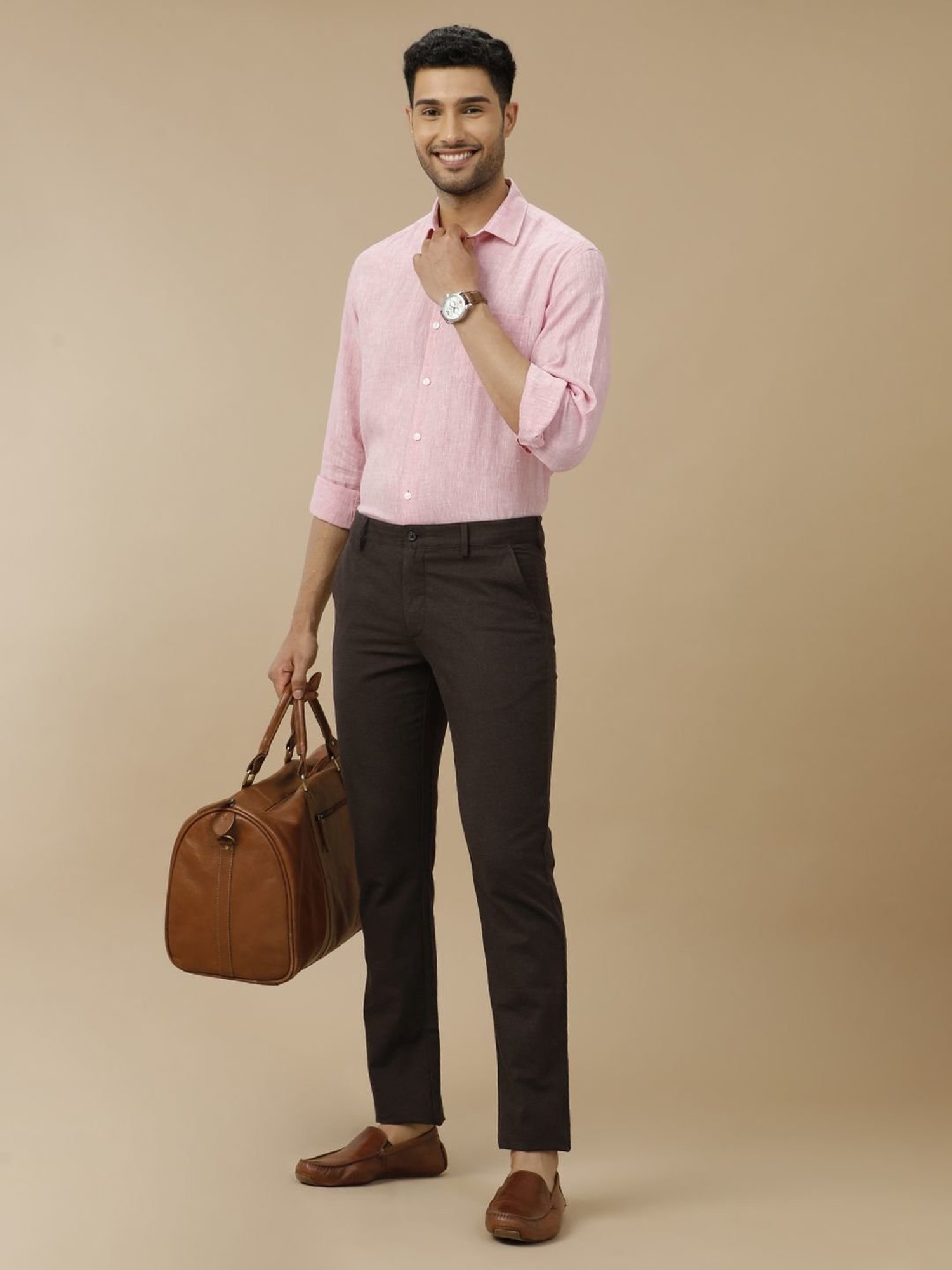 Linen Club Pink Linen Contemporary Fit Texture Shirt