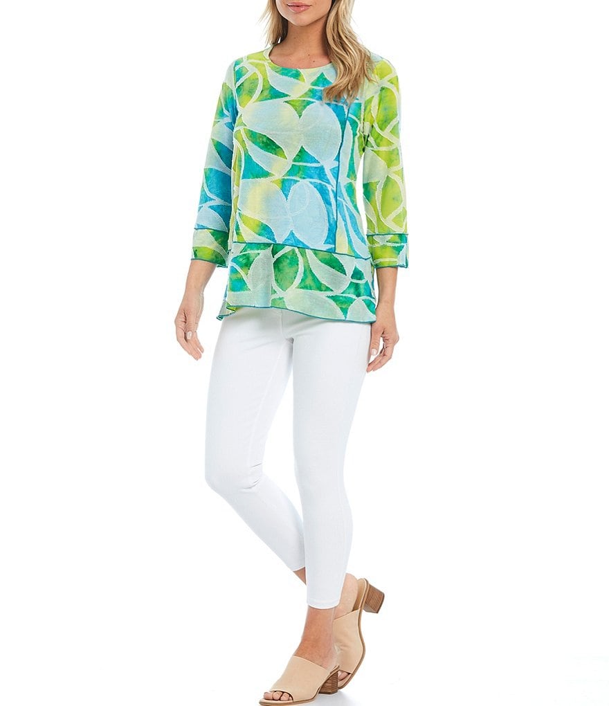 Ali Miles Tropical Tie Dye 3/4 Sleeve Jewel Neck Jacquard Top
