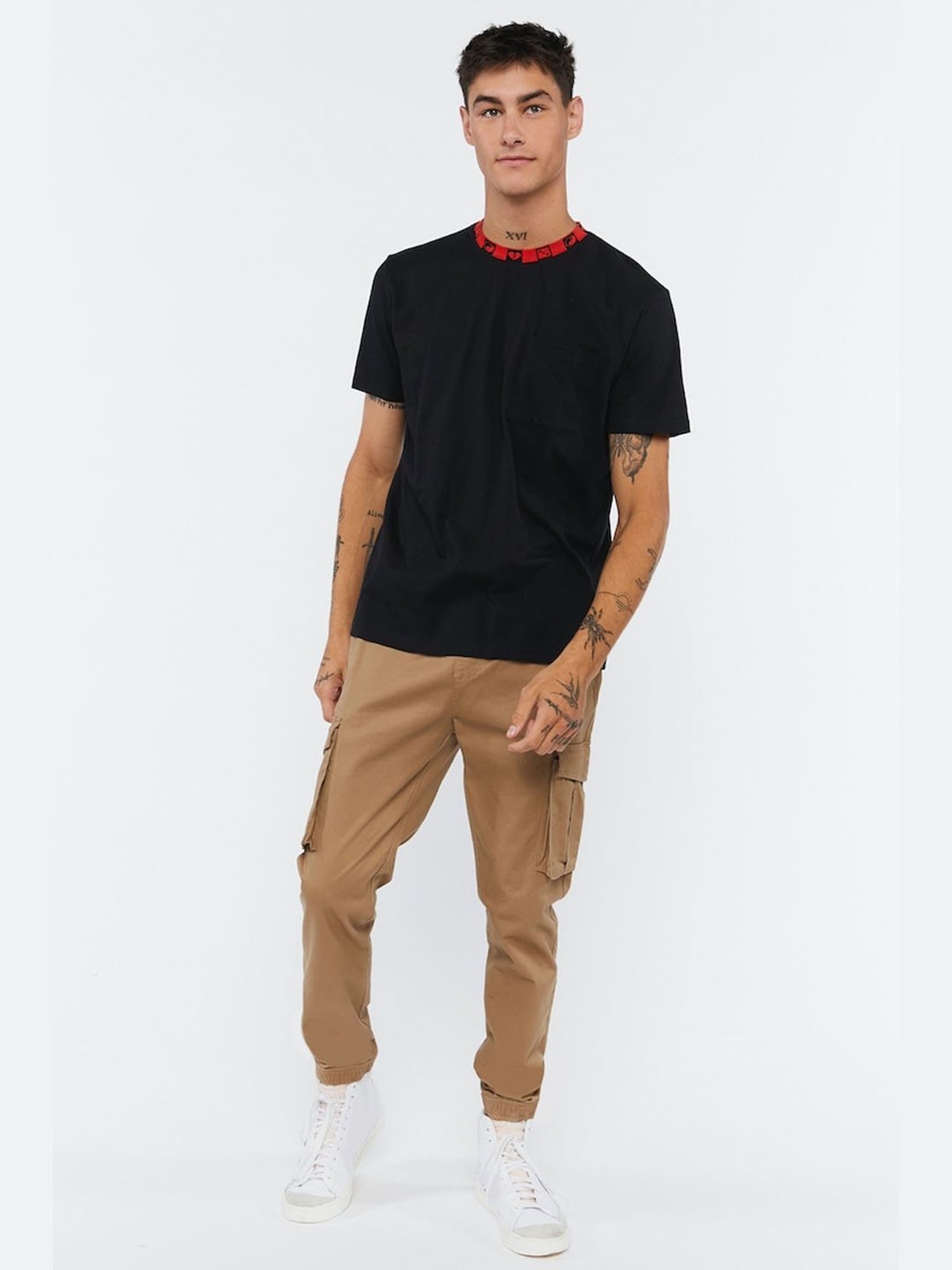 Forever21 Black Cotton Regular Fit Self Pattern T-Shirt