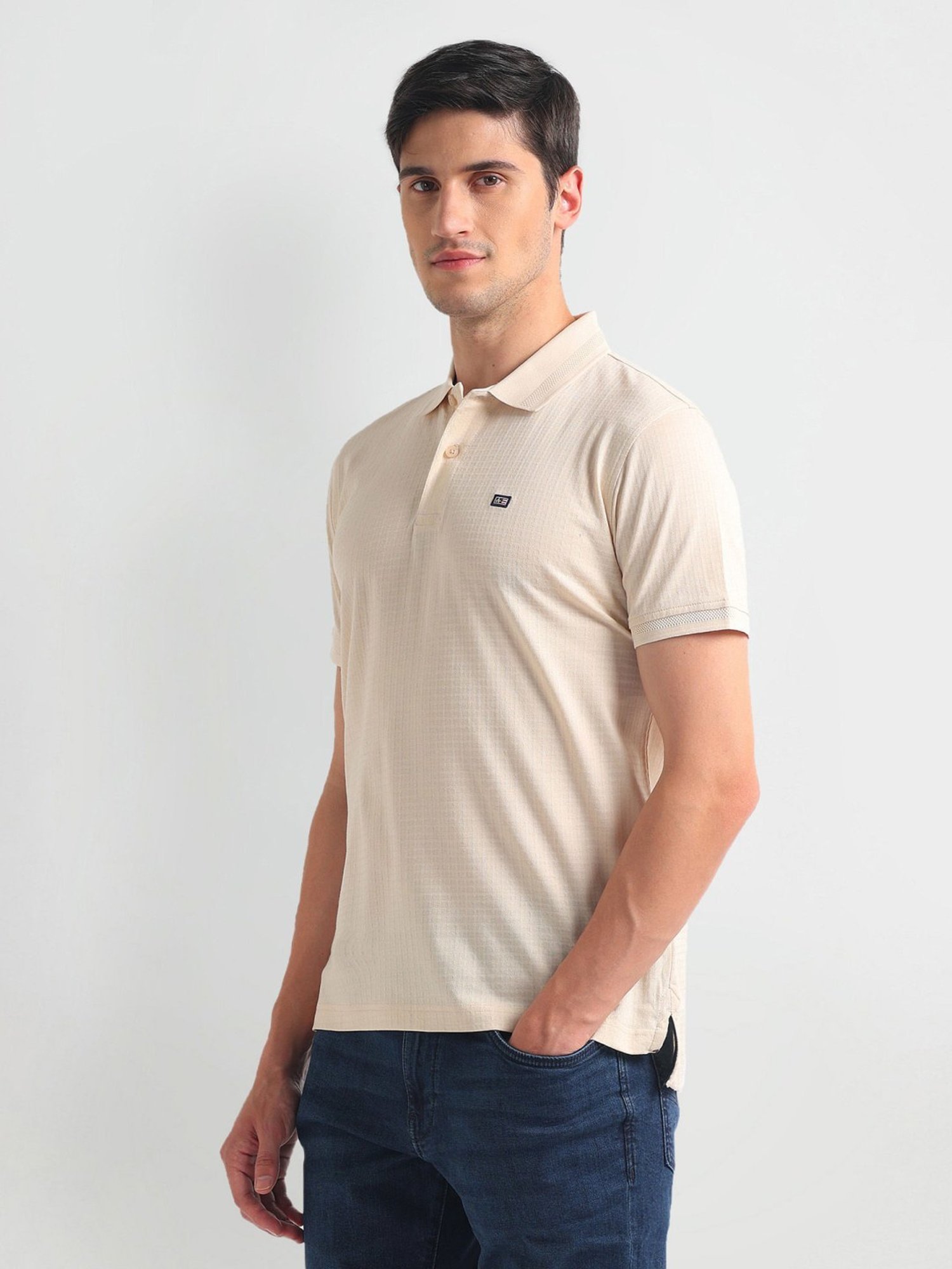 Arrow Sports Beige Cotton Regular Fit Self Pattern Polo T-Shirt