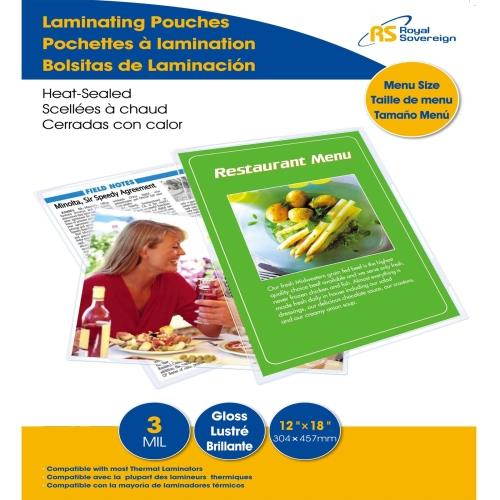 Royal Sovereign RF03MENU0100 12" x 18" Menu Size Thermal Laminating Pouches, 3mil - 100 Pack