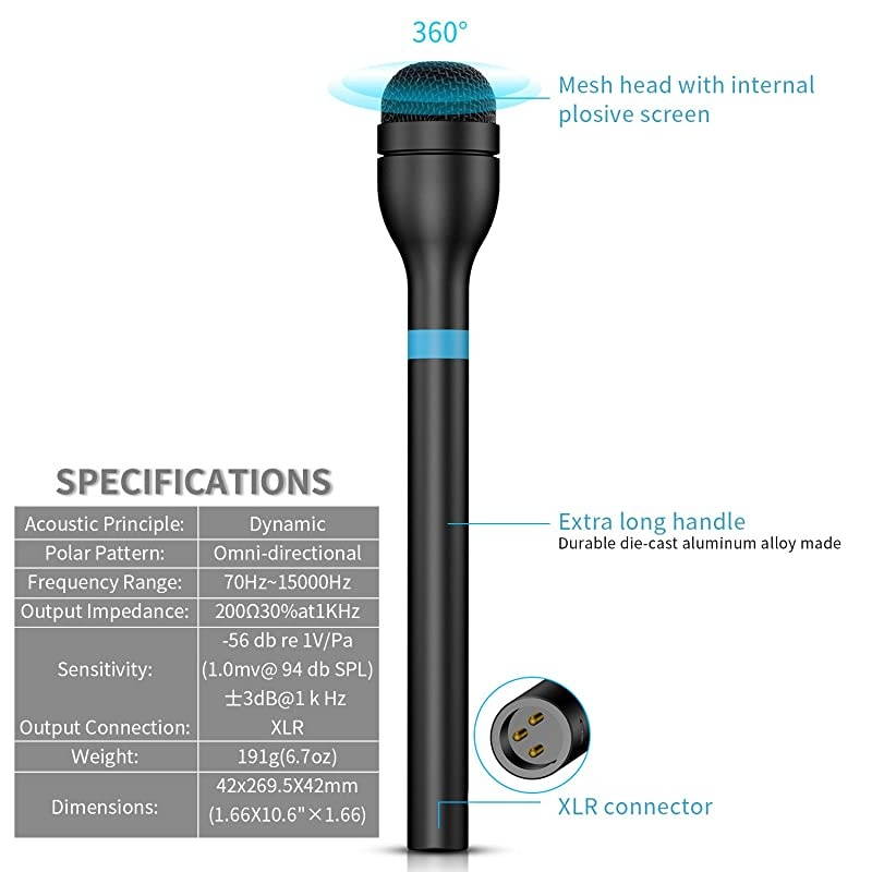Dynamic Handheld Microphone OmniDirectional Mic for Speeches ENG Interviews Presentations and Music 70Hz15kHz with 3 Pin XLR Connector