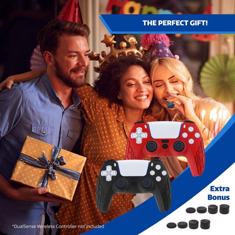 PS5 Controller Grip Cover,  Anti-Slip Silicone Skin Protective Cover Case for Playstation 5 DualSense Wireless Controller, 2 Pack with 8 Thumb Grips (Black/Red)