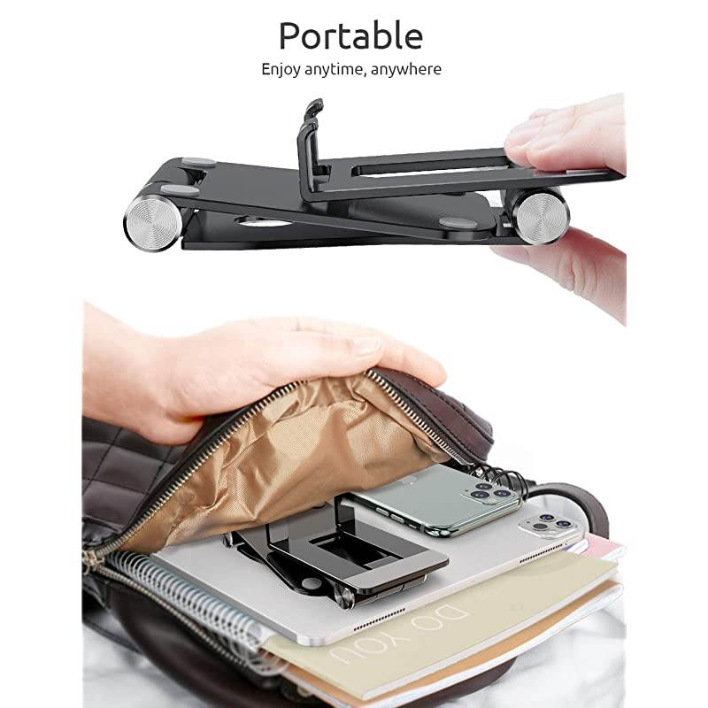 Cell Phone Stand 2 Hinge Adjustable Foldable Phone Stand Holder Cradle Dock for Desk Home Office Travel Compatible with Smartphone Android iPhone 11 Xs XR 8 7 Plus Tablet iPad Black