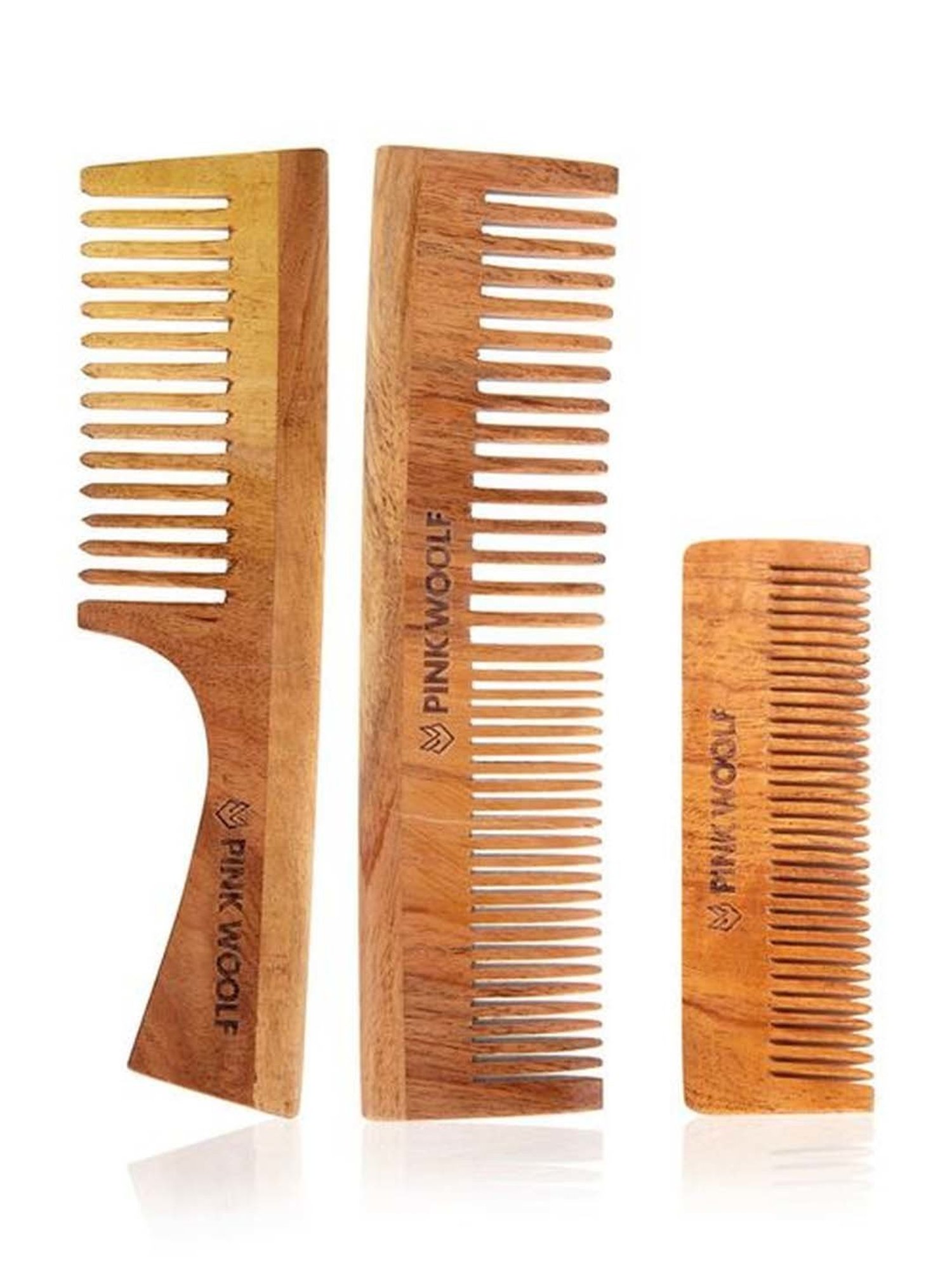 Pink Woolf Handmade Neem Wooden Comb Combo Women & Men