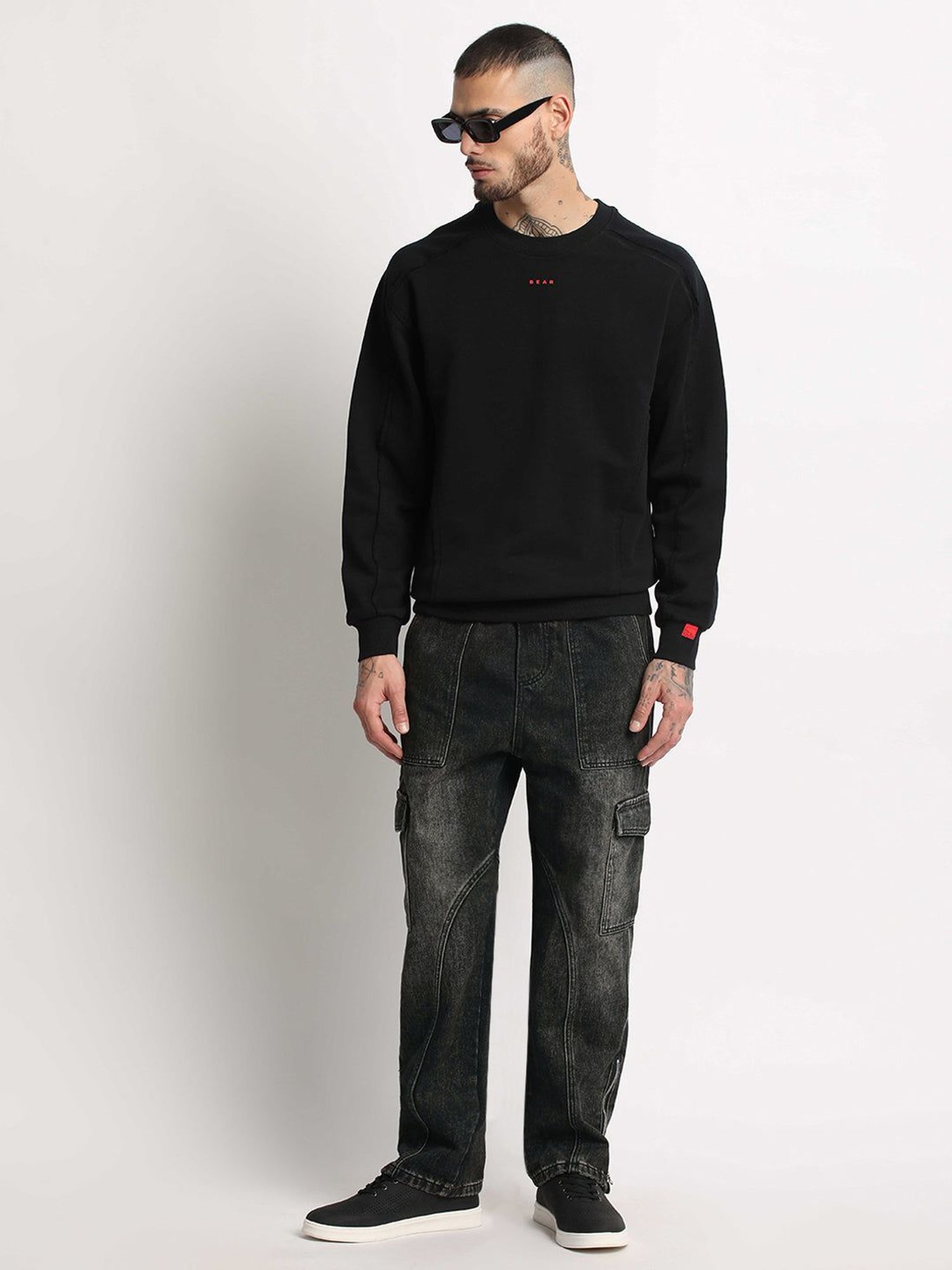 The Bear House Black Cotton Straight Fit Cargo Jeans