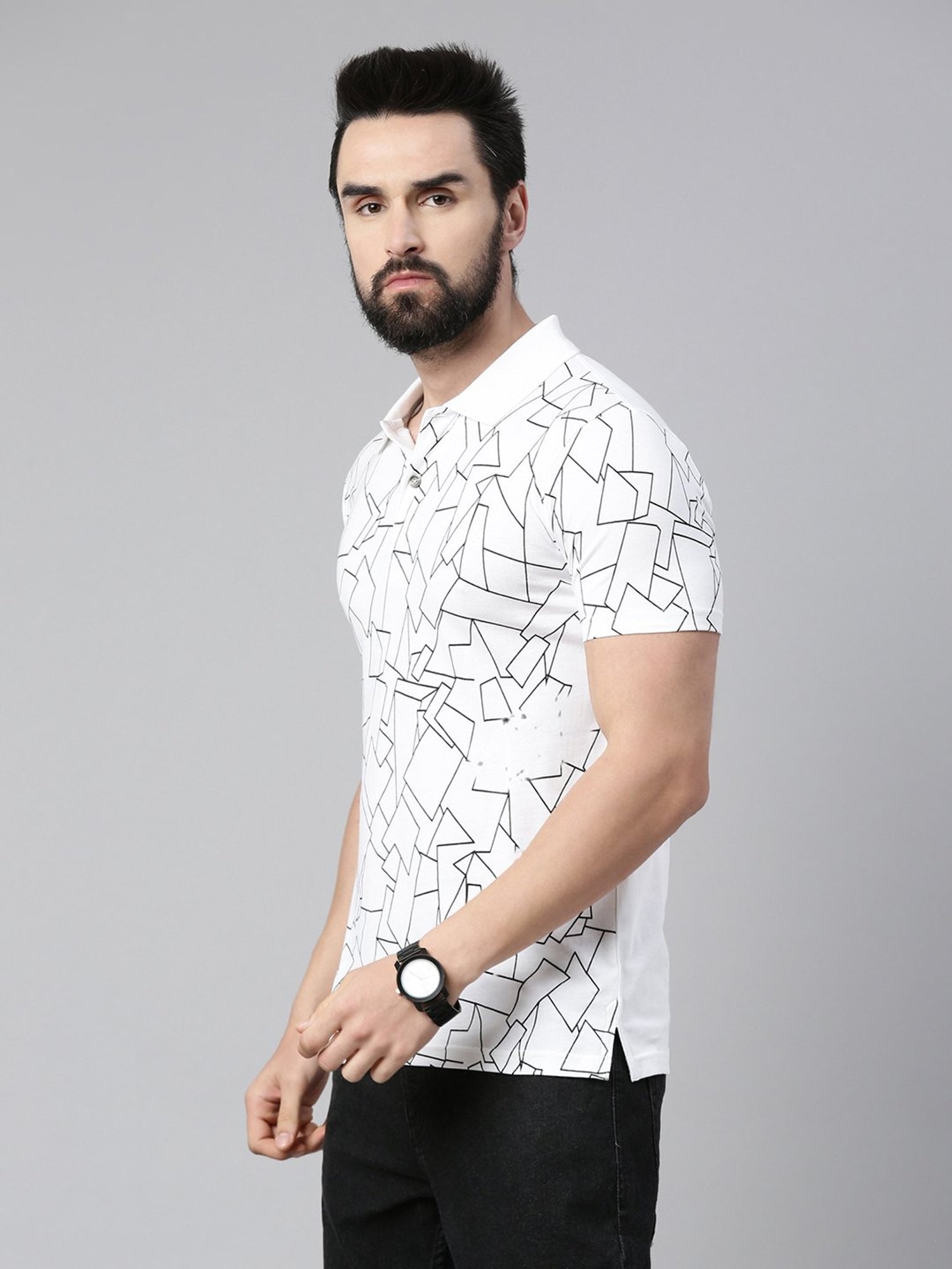 Kryptic White Regular Fit Printed Cotton Polo T-Shirt