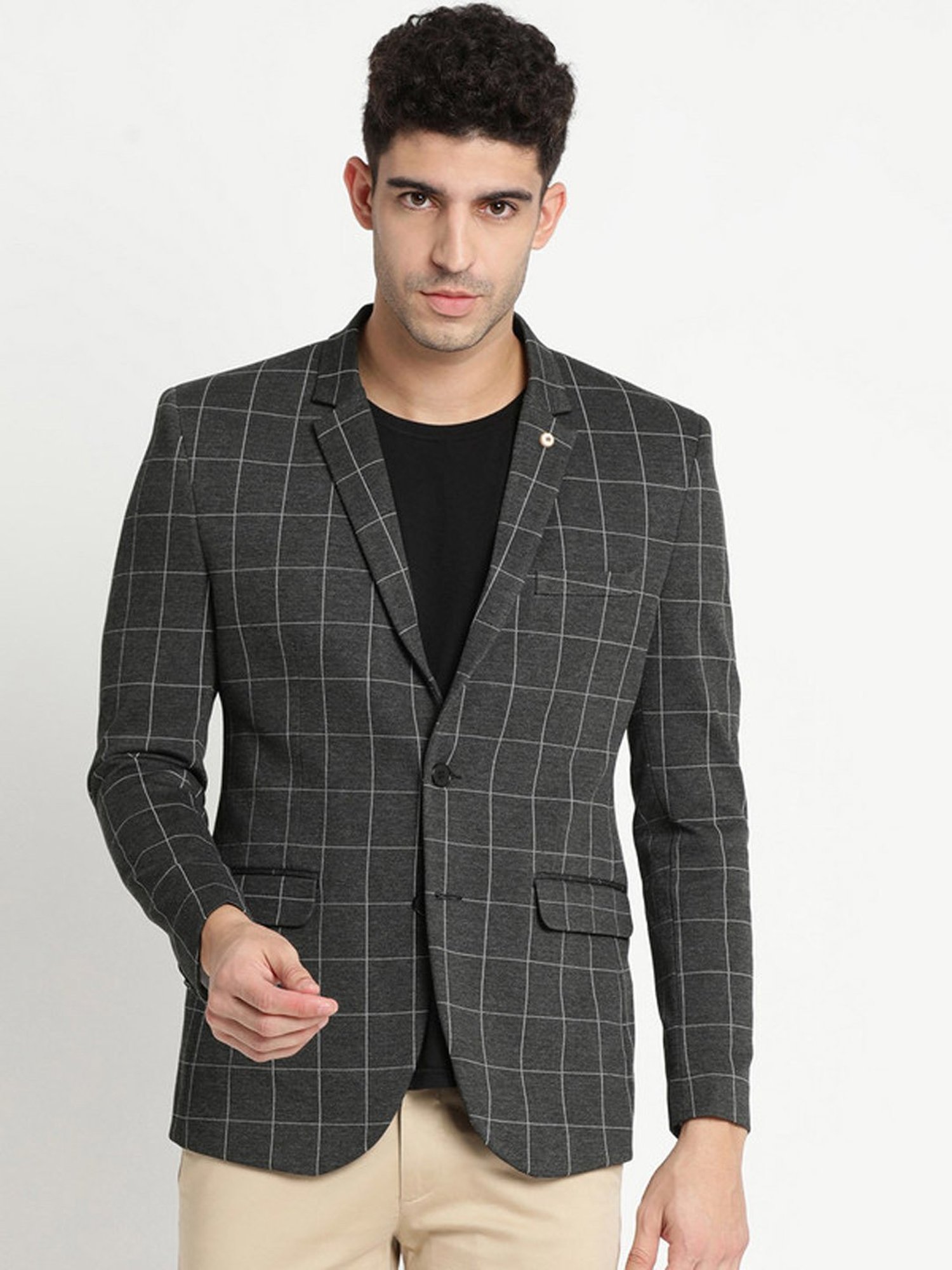 Turtle Grey Slim Fit Checks Blazer