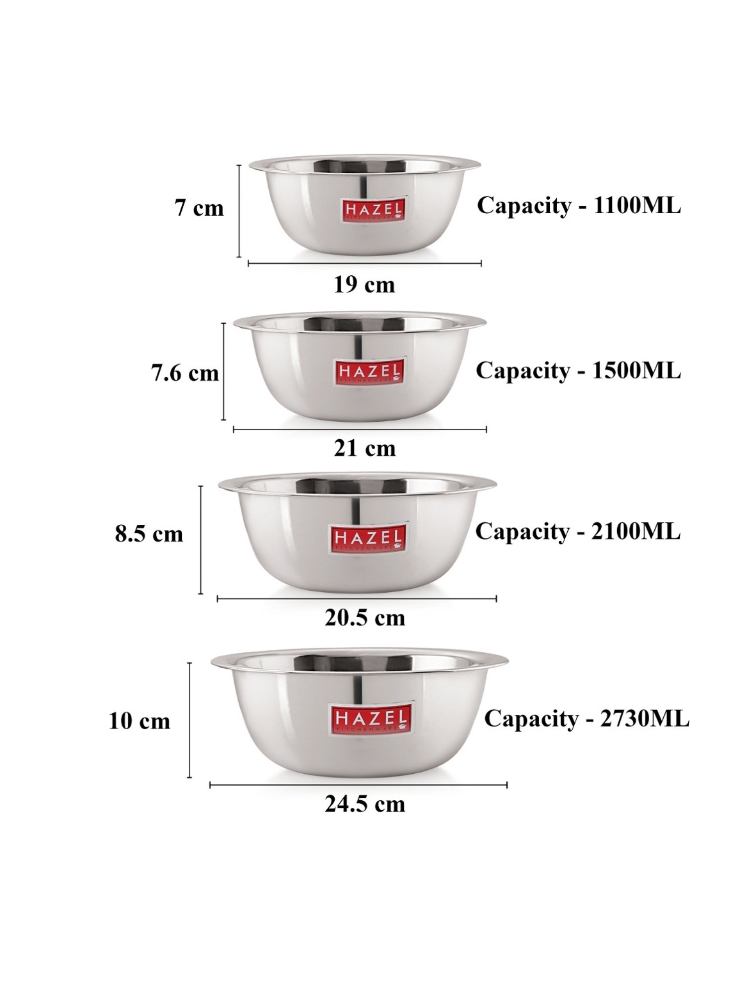 HAZEL Silver Stainless Steel Mixing Bowl - Set of 3 (2.1L)
