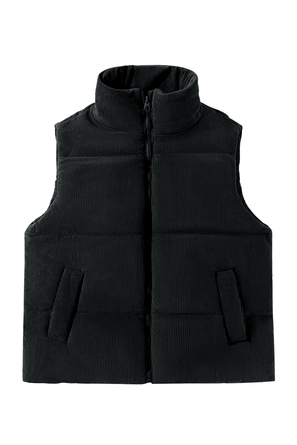 Black Solid Color Corduroy Puffer Vest Coat
