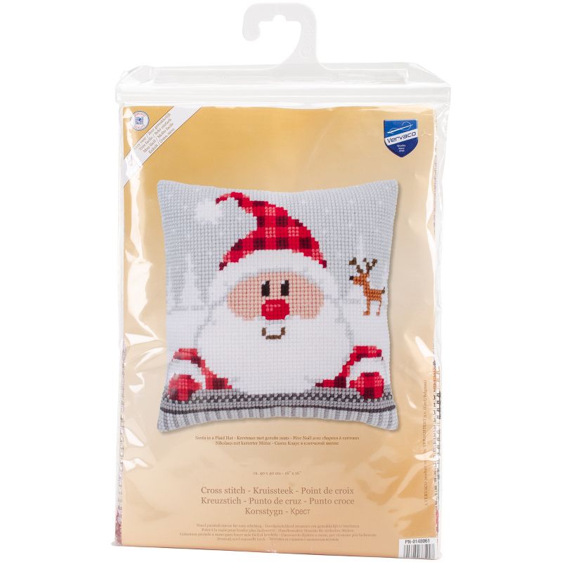 Vervaco Needlepoint Cushion Top Kit 16"X16" -Santa In A Plaid Hat