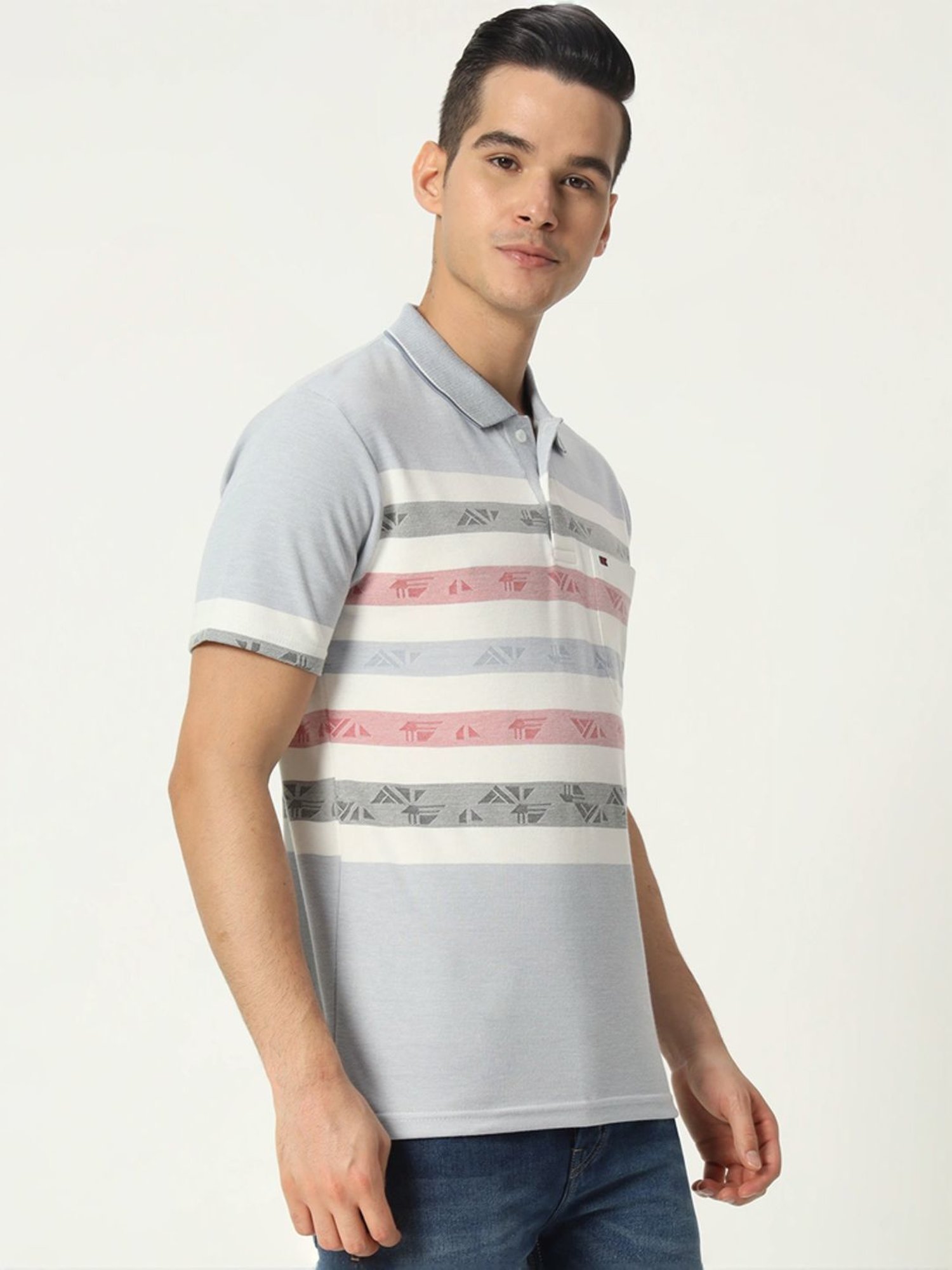 Tab91 Grey Regular Fit Striped Polo T-Shirts