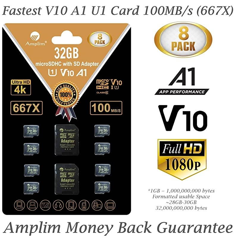 8Pack Bulk 32GB Micro SDHC Memory Card Plus Adapter 32 GB Class 10 Micro SD Card V10 A1 Extreme High Speed 100MBs 667X microSDHC TF Card CellPhones Tablets Fire Cameras Nintendo Drones
