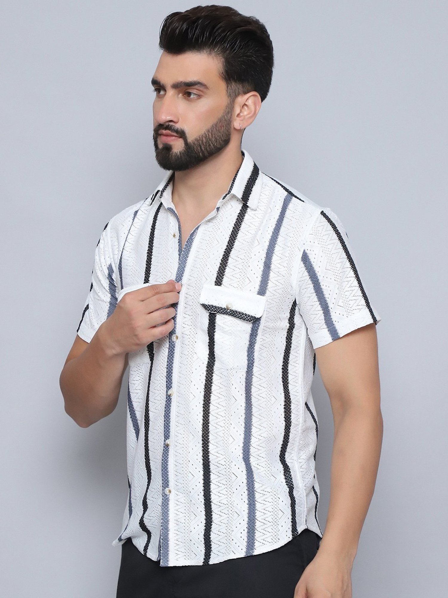 Indian Needle Grey Polycotton Regular fit Stripes Casual Shirt