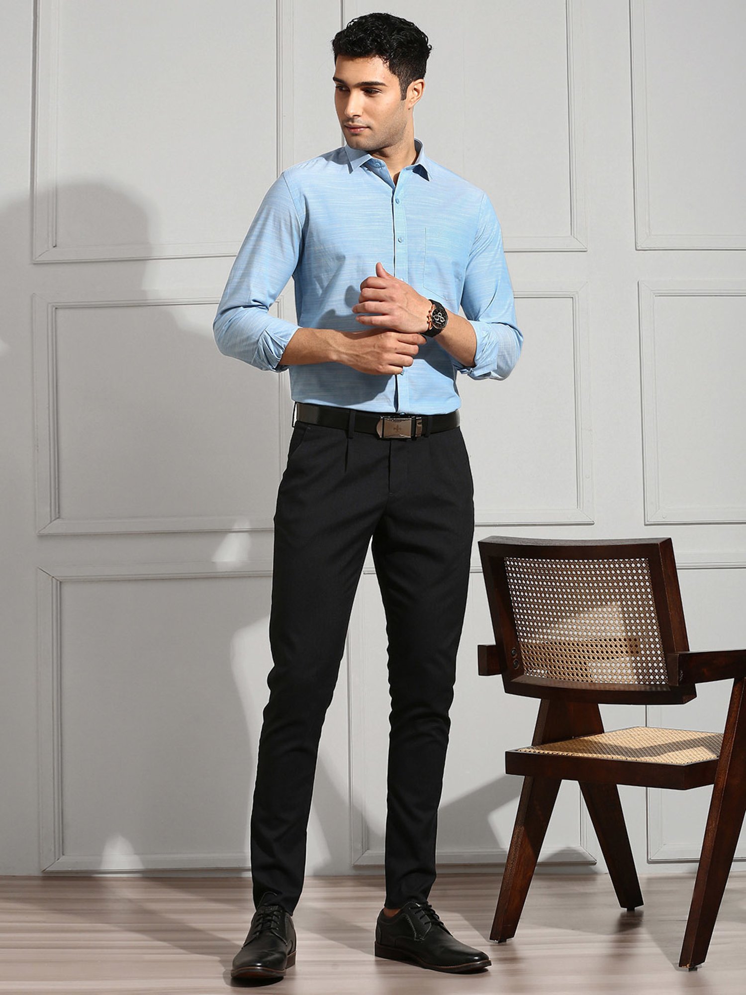 Ramraj Blue Regular Fit Textured Cotton Shirt