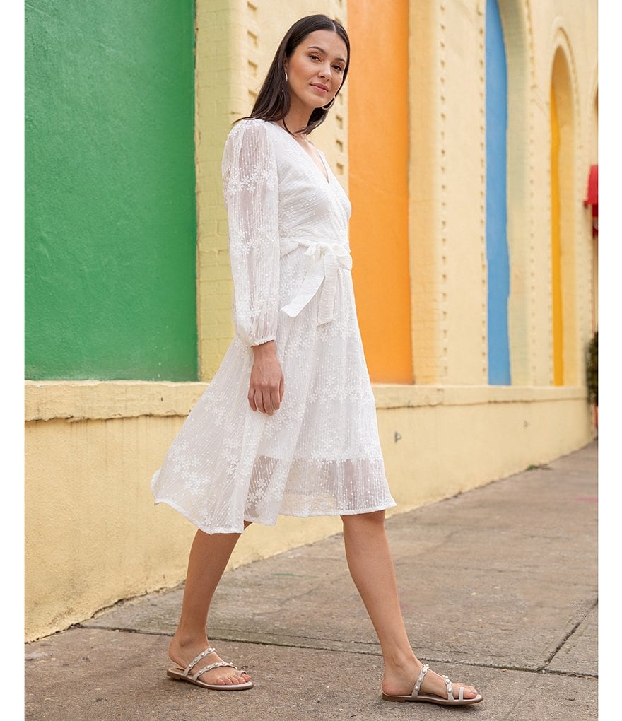 Kensie Belted Embroidered Long Sheer Sleeve Chiffon Wrap Dress