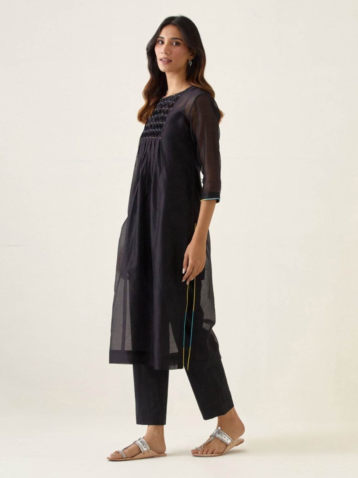 Vinusto Black, Blue & Yellow Summer Nostalgia Kurta with Cami and Pant