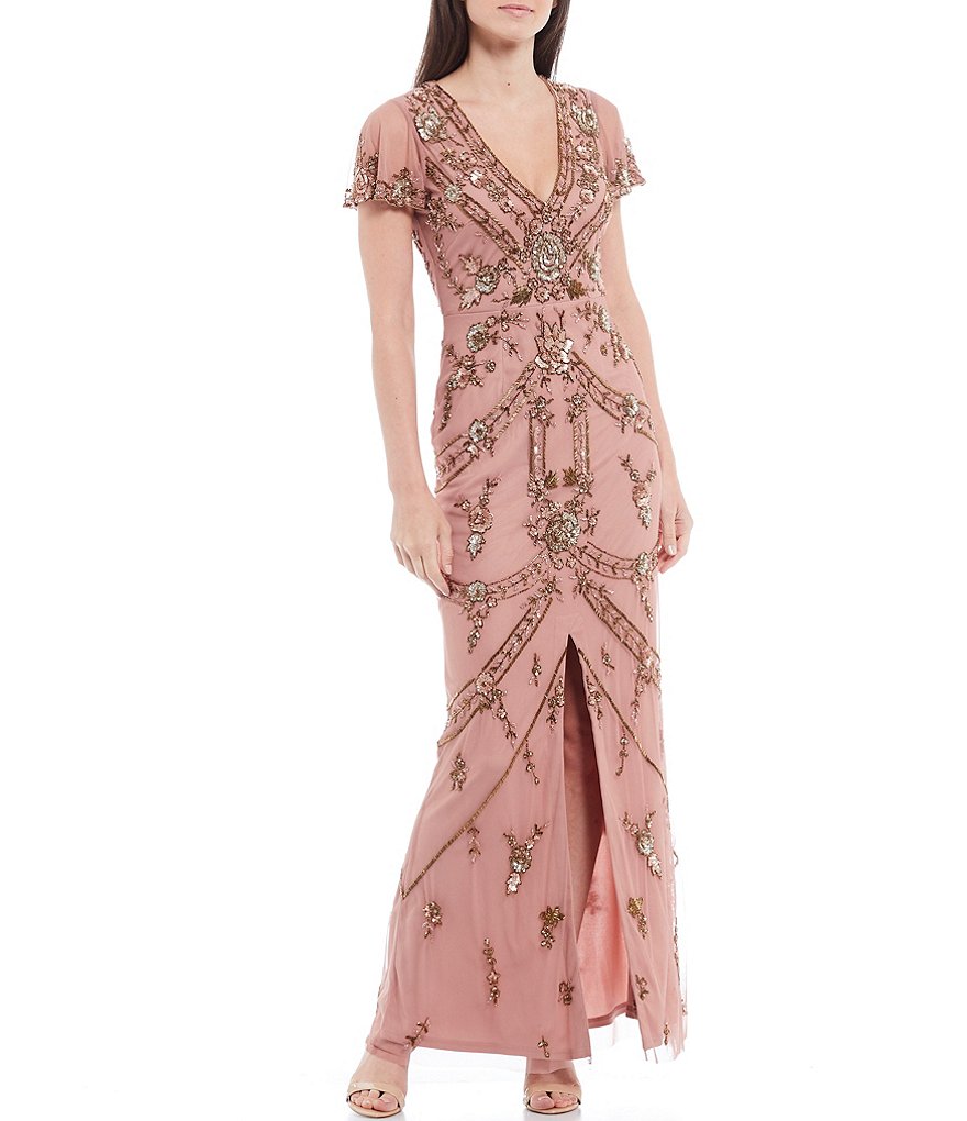 Aidan Mattox V-Neck Short Sleeve Beaded Gown