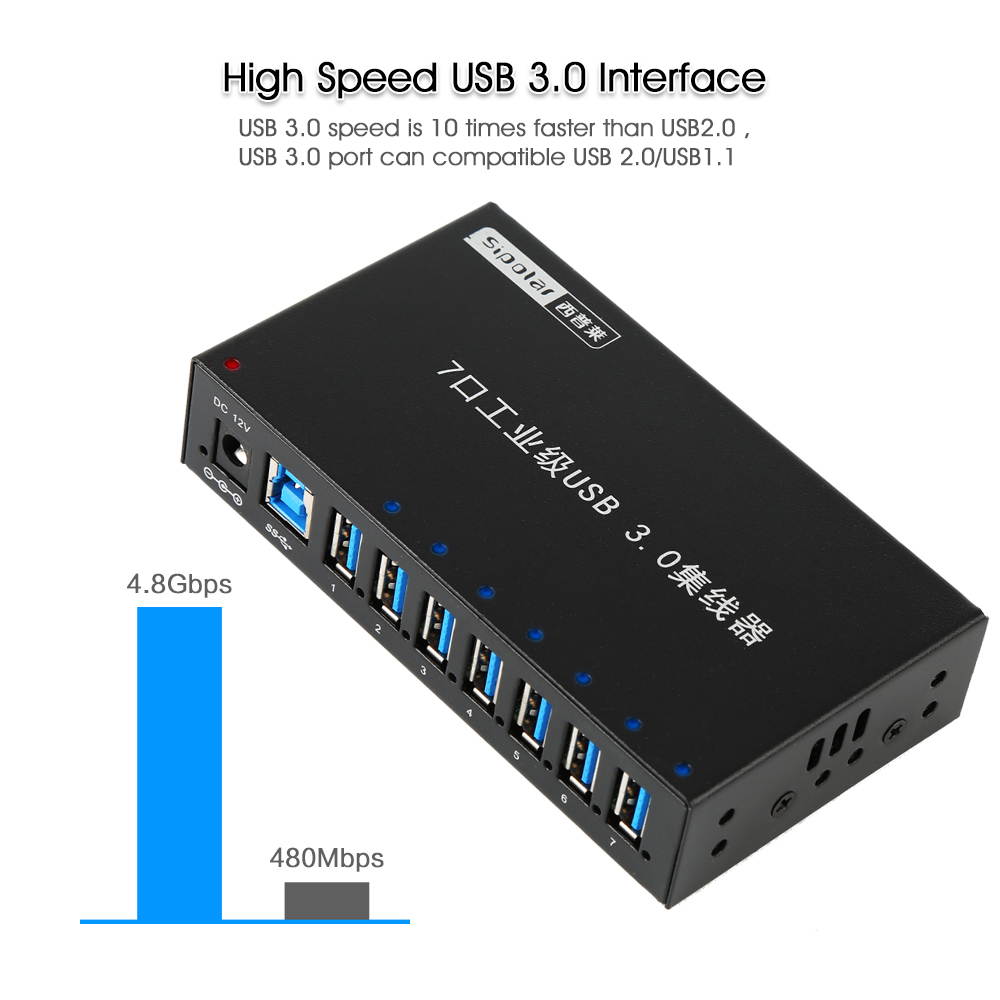 Aluminum 7 Ports USB 3.0 Charger Hub Multi Port USB Splitter With 12V 3A Power Adapter LED Indicator Bracket A-173 1.0M date cable with us plug adapter