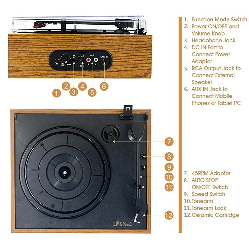 3 Speed BeltDrive Bluetooth Turntable with Stereo Speakers Vintage Vinyl Record PlayerYellow Brown