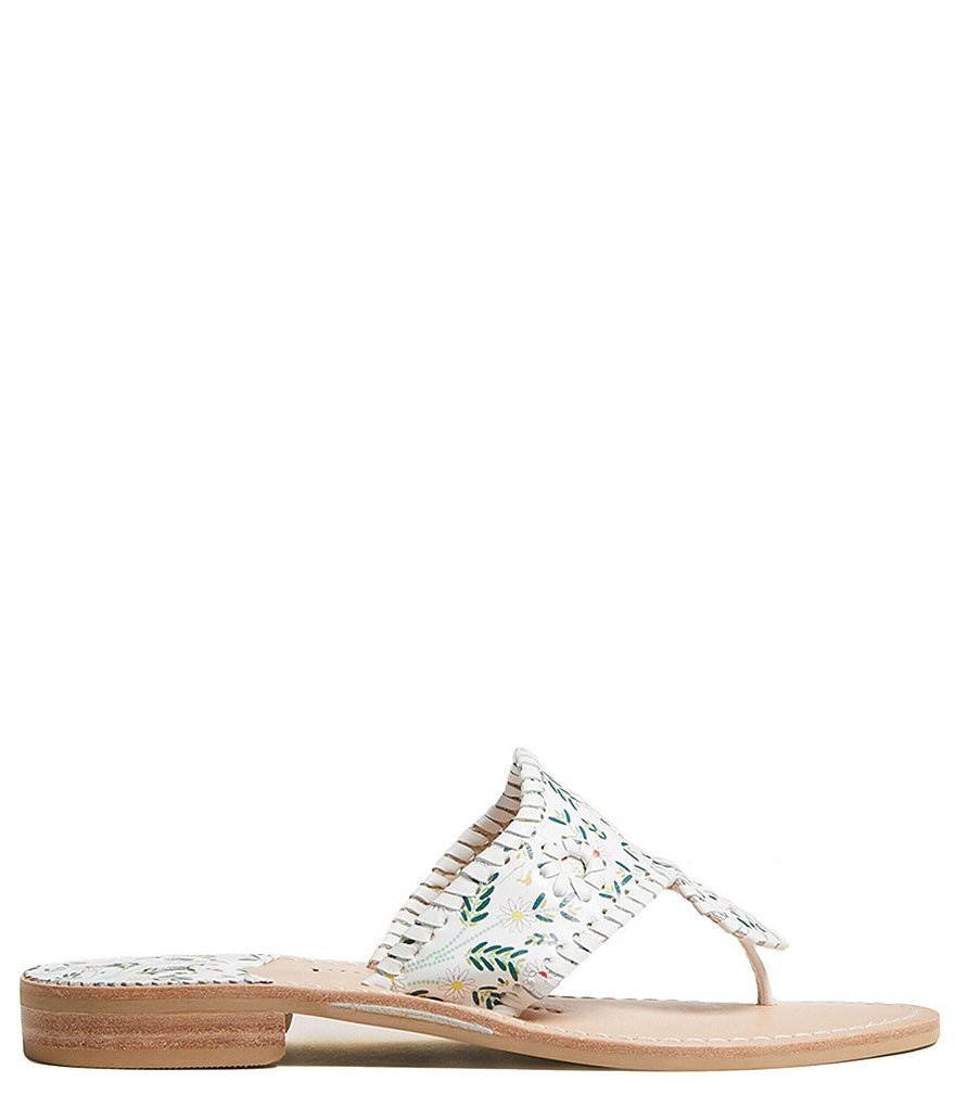 Jack Rogers Jack Daisy Print Leather Whipstitch Detail Thong Sandals