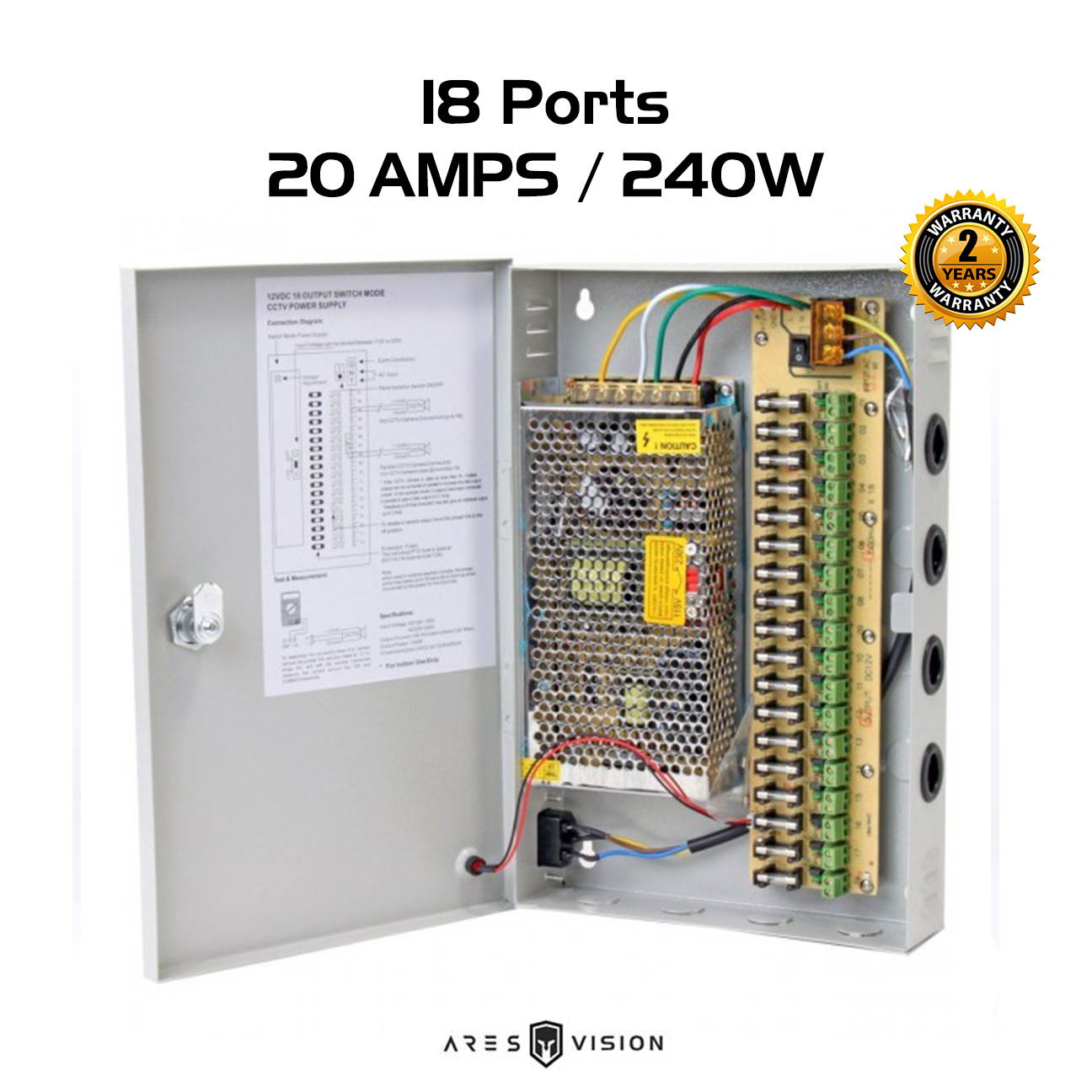 Ares Vision CCTV/LED 12v DC Power Supply Box 18 port Channel