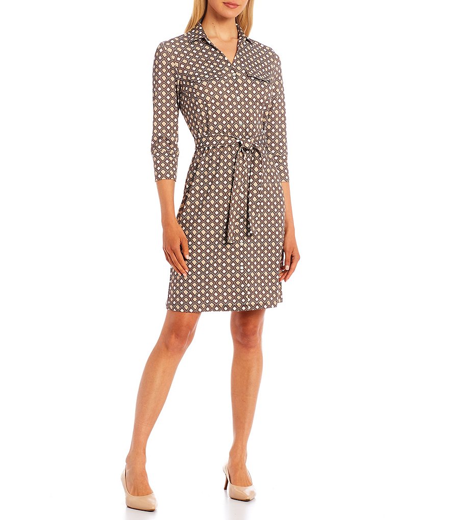 J.McLaughlin Brynn Geo Print Knit Jersey Button-Front Belted Point Collar V-Neck 3/4 Sleeve Shirtdress