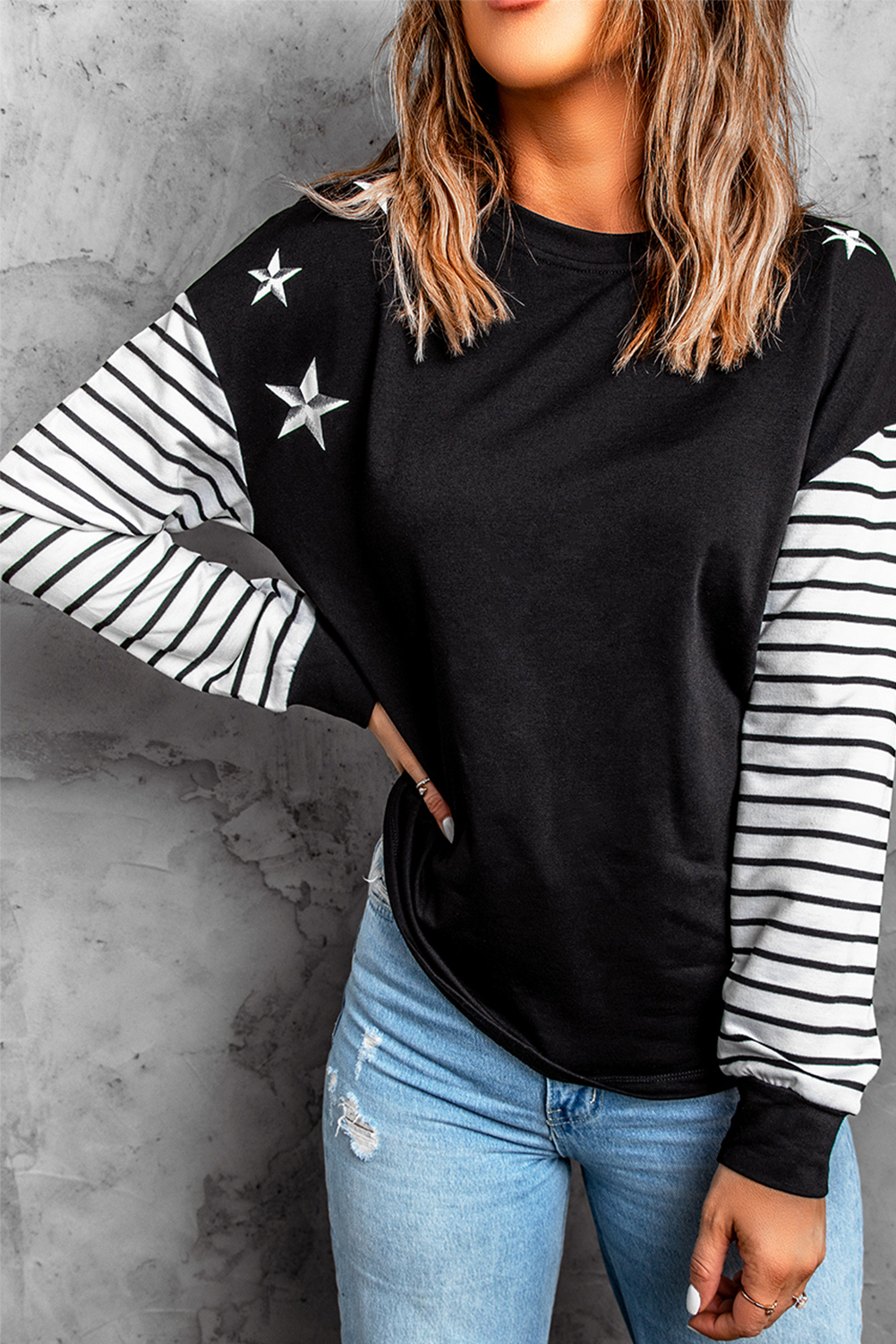 Blank Sweatshirt - Black Striped and Stars Print Long Sleeve T-Shirt Customized