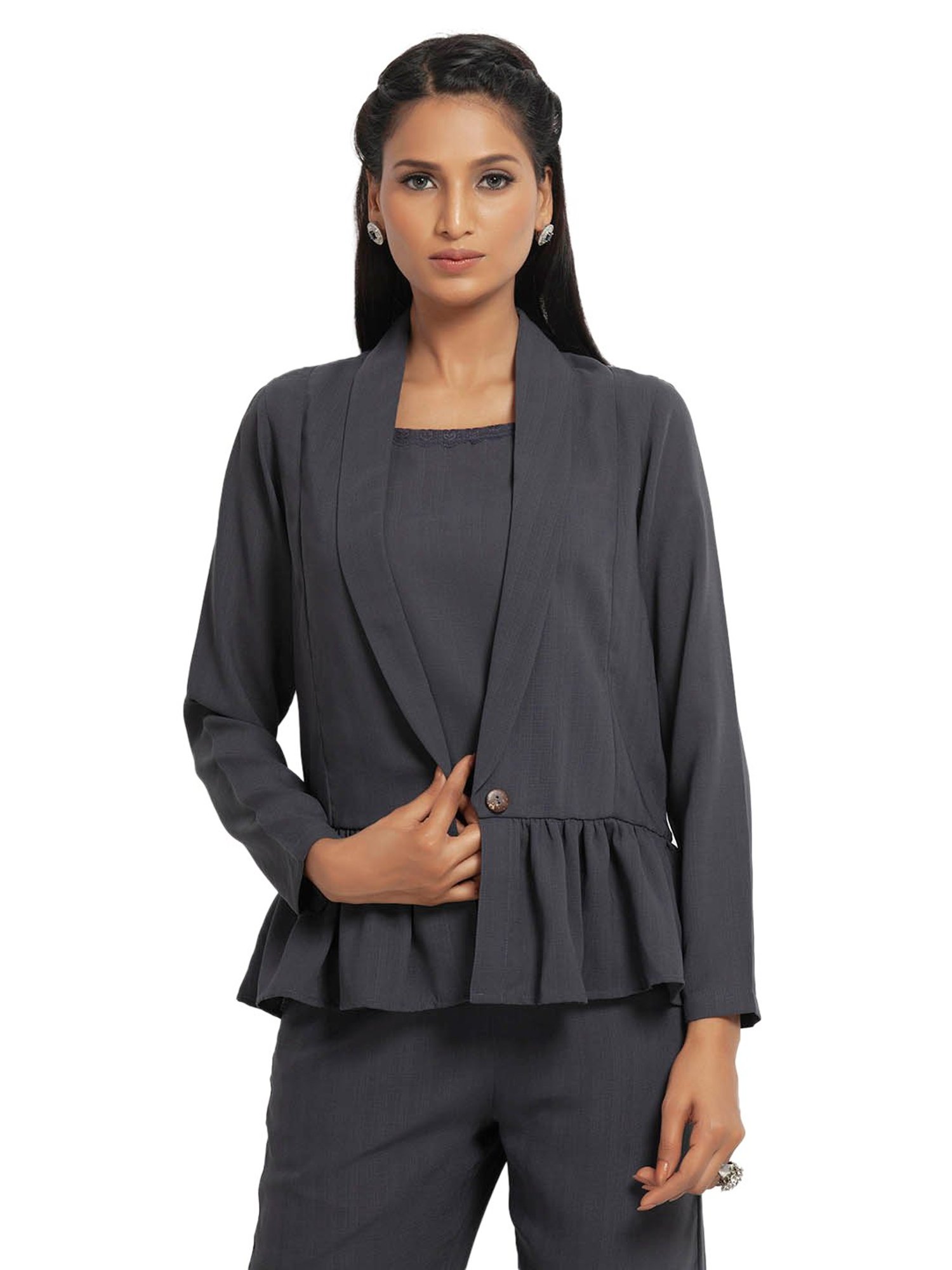 Office & You Grey Full Sleeves Jacket With Gathers