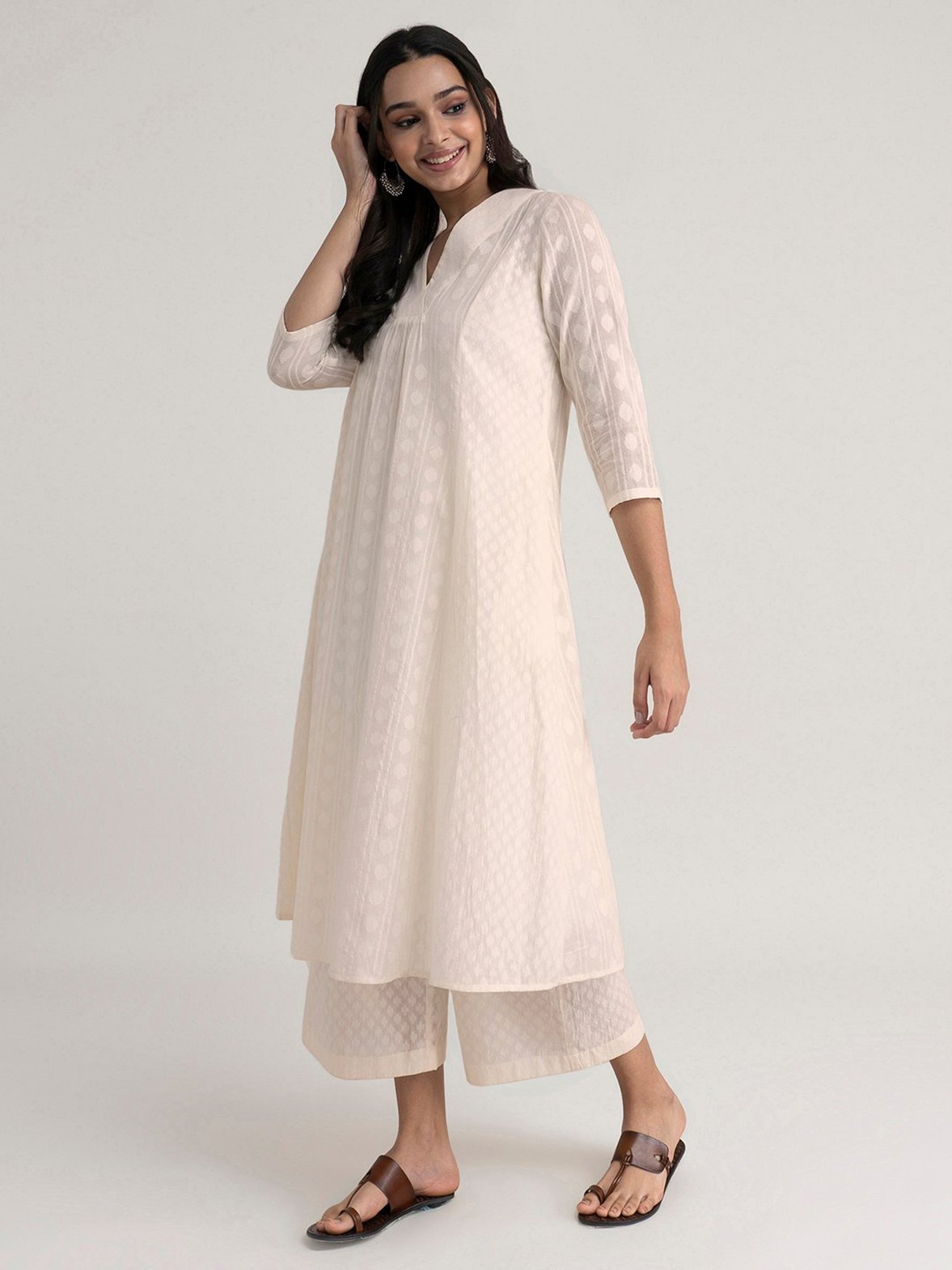 Pink Fort Off-White Cotton Embroidered Kurta Palazzo Set