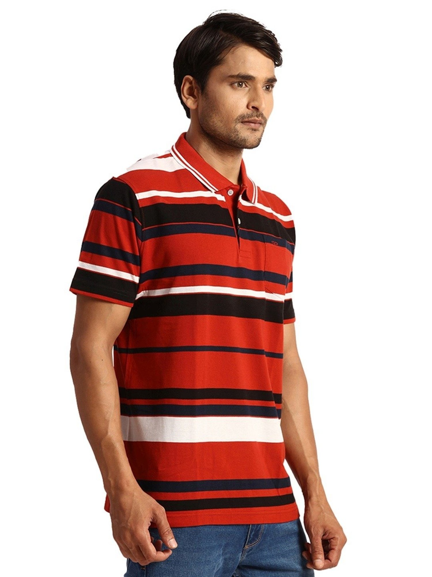 ColorPlus Orange Cotton Classic Fit Striped Polo T-Shirt