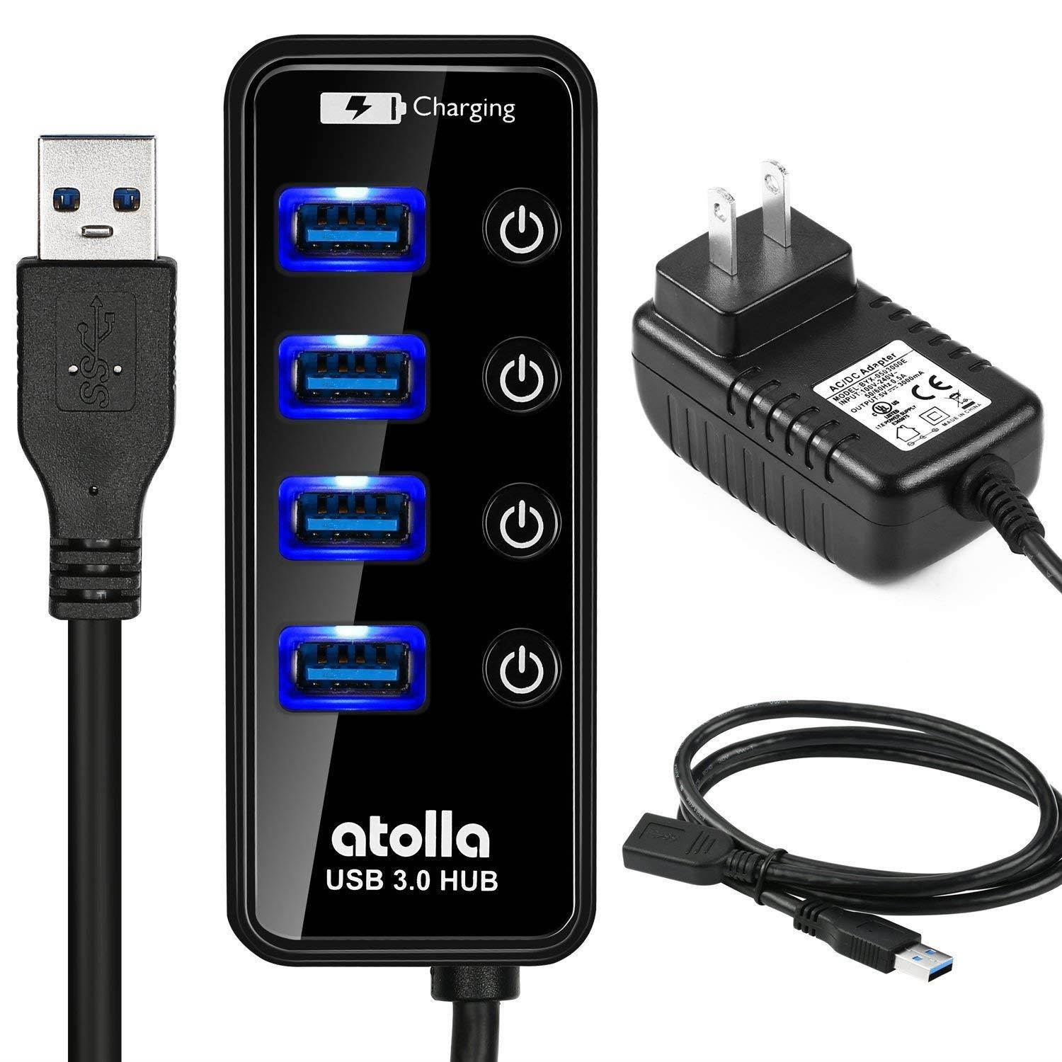Powered USB Hub, atolla USB 3.0 Hub 4 + 1 Data Transfer and Charging Multiport with 15W (5V/3A) Power Supply Adapter and 3.3ft Meter USB 3 Extension Cable