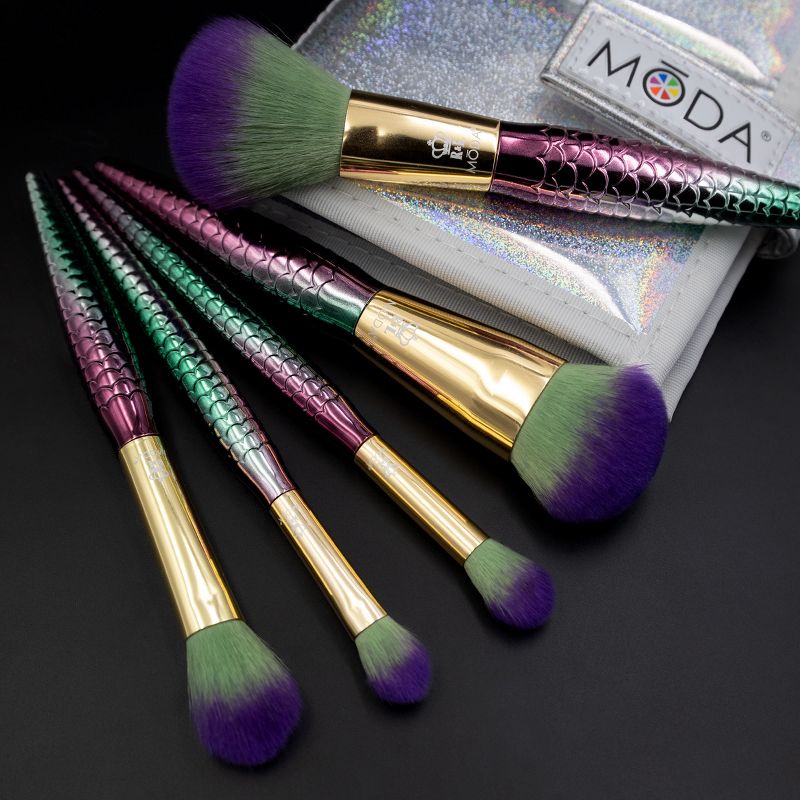 MODA Brush Mythical 6pc Sweet Siren Travel Makeup Brush Set with Holographic Flip Case, Includes - Powder, Highlight and Glow, Crease, and Eye Shader Brushes