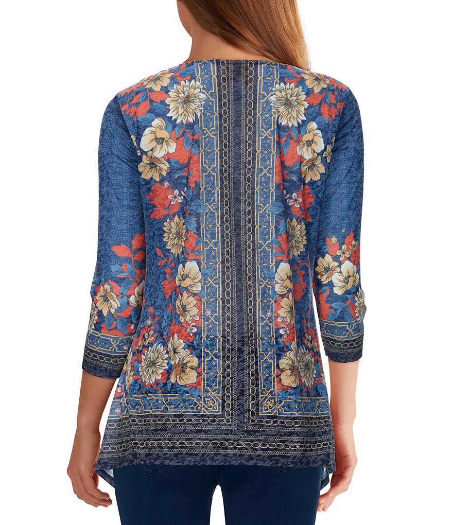 Ruby Rd. Embellished Burnout Sublimation Floral Scarf Placement Print 3/4 Sleeve Round Neck Handkerchief Hem Top