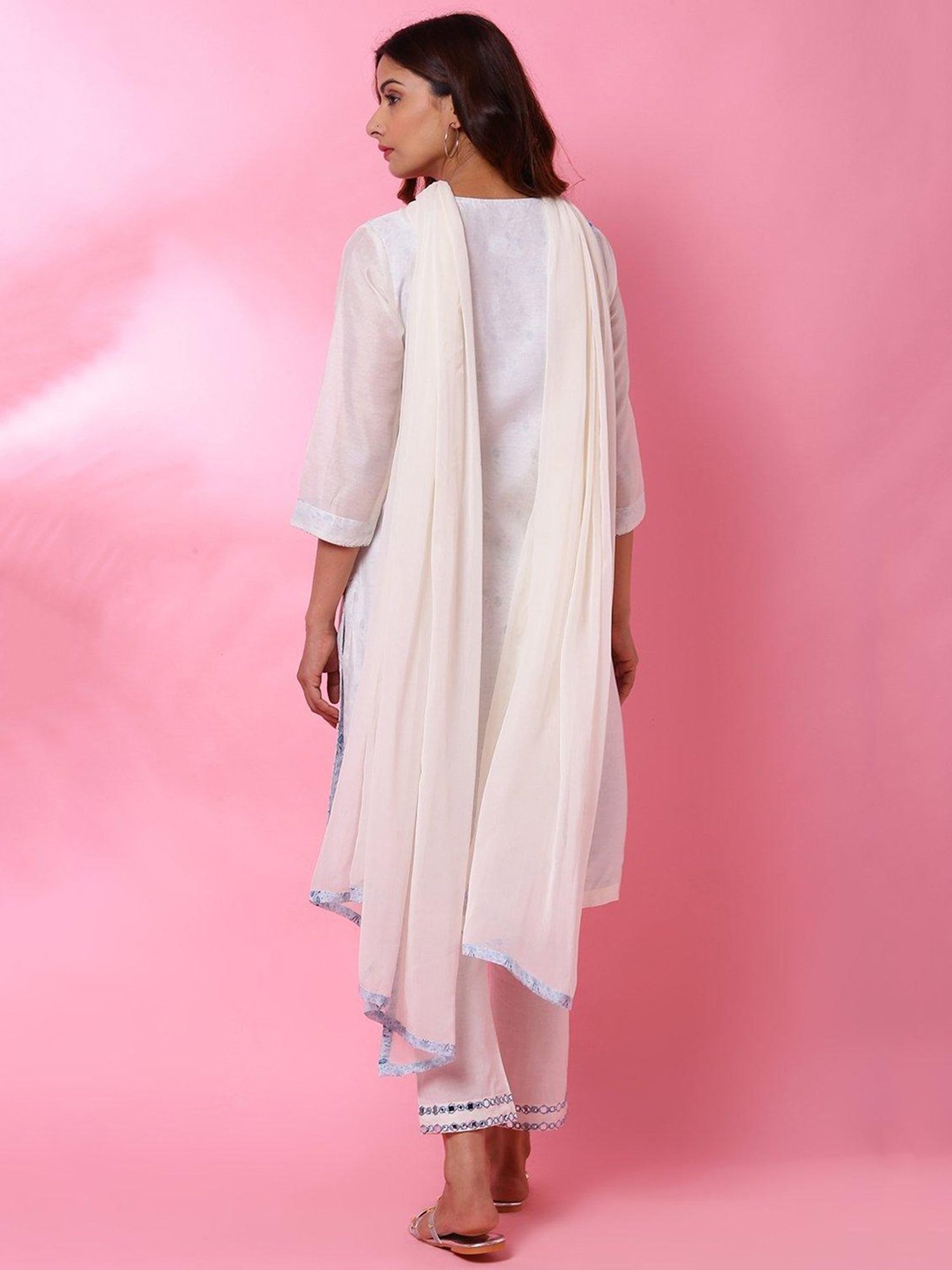 Biba Off White Embellished Kurta With Pant & Dupatta