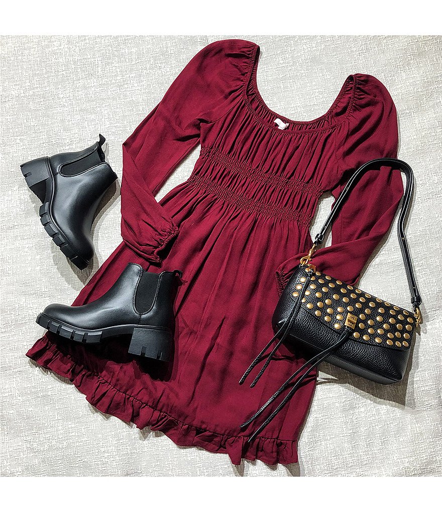 GB Long Sleeve Puff Shoulder Ruched Dress