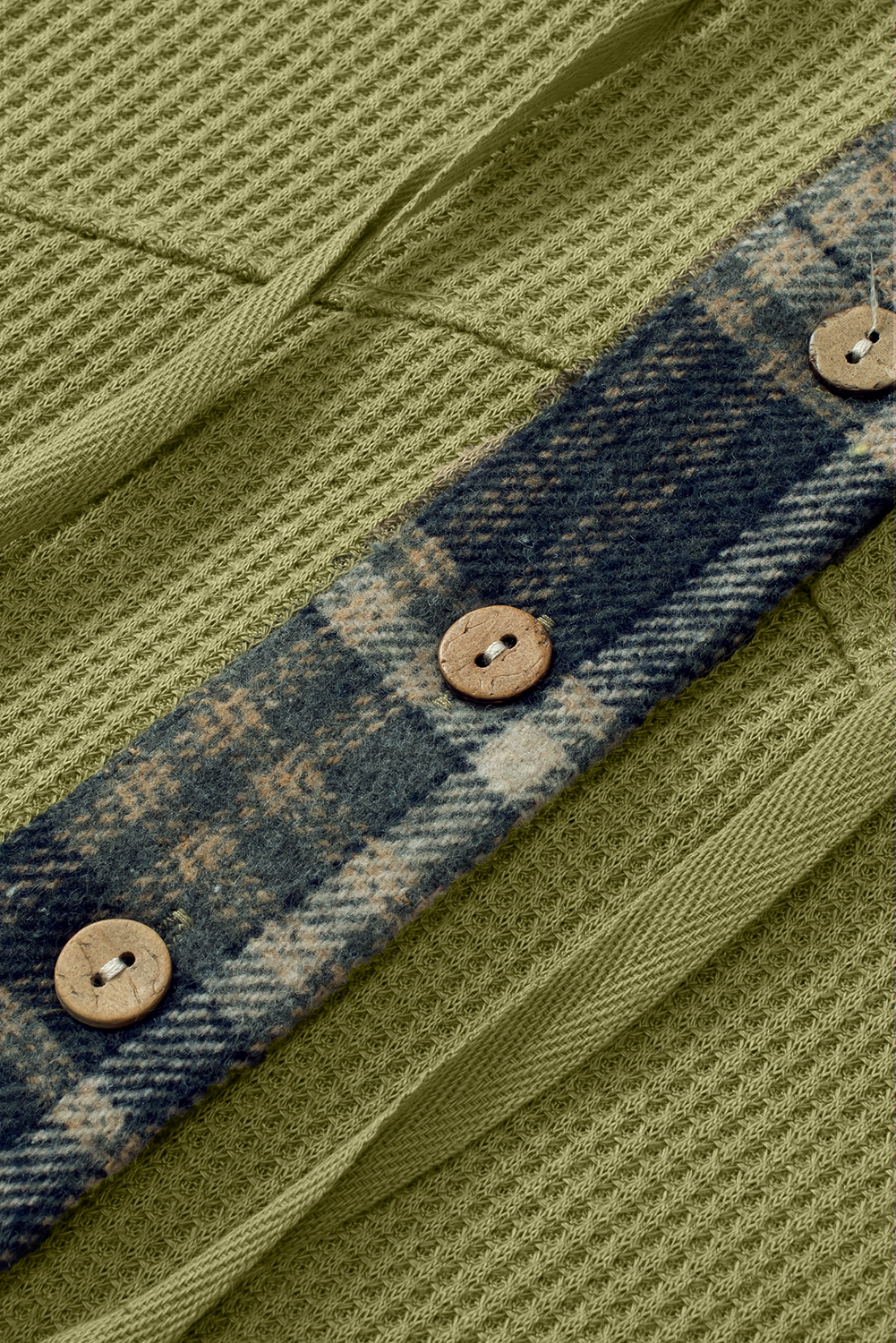 Green Waffle Knit and Flannel Henley Oversized Hoodie