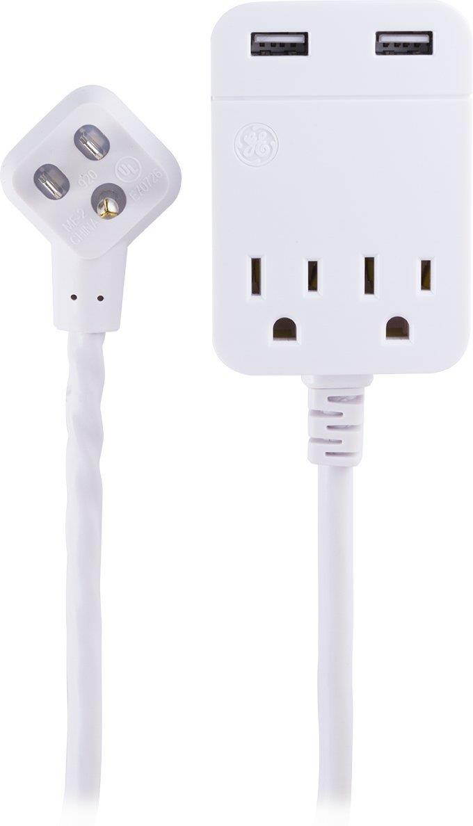 GE Pro USB Charging 12 Ft Extension Cord, Charging Station, Surge Protector Power Strip, Flat Plug, 3 prong, 2 Outlets, 2 USB Ports, 2.4 Amp, 12 Watt, 250 Joules, Wall Mount, UL Listed, White, 32089