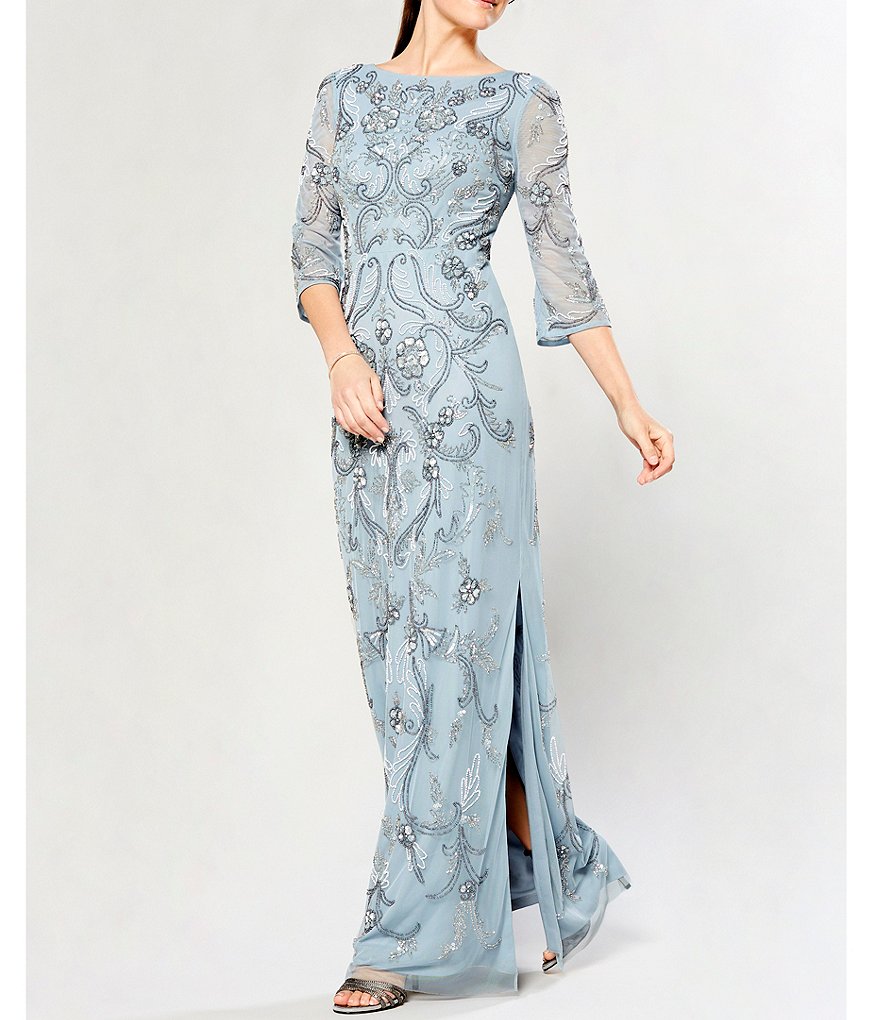 Aidan Mattox Fully Beaded 3/4 Sleeve Column Gown