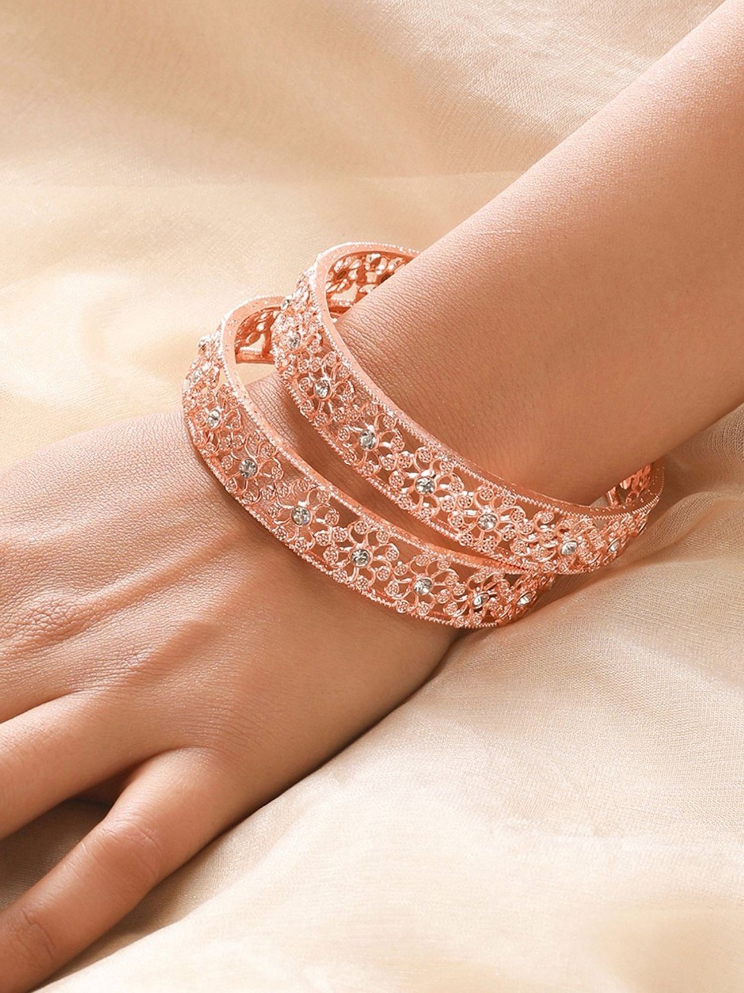 Aatmana Rose Gold-Plated Cubic Zirconia Studded Bangles for Women (Set of 2) - 2.6