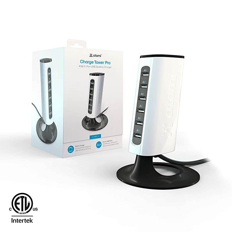 Charge Tower Pro - USB Desktop Charging Station, 6 Ports with Ai Rapid-Charge Technology - Black and White