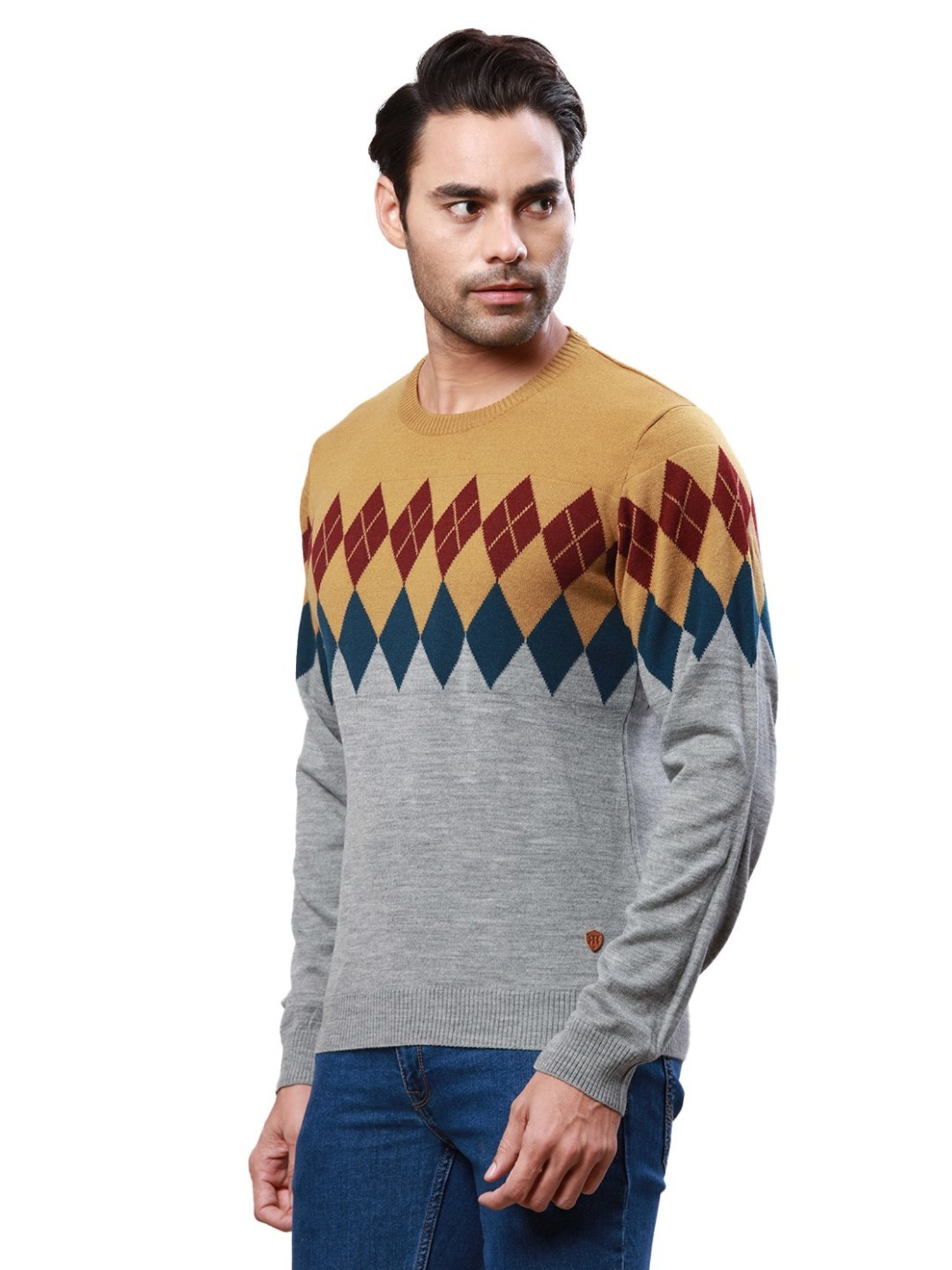 Raymond Grey & Mustard Regular Fit Argyle Sweater