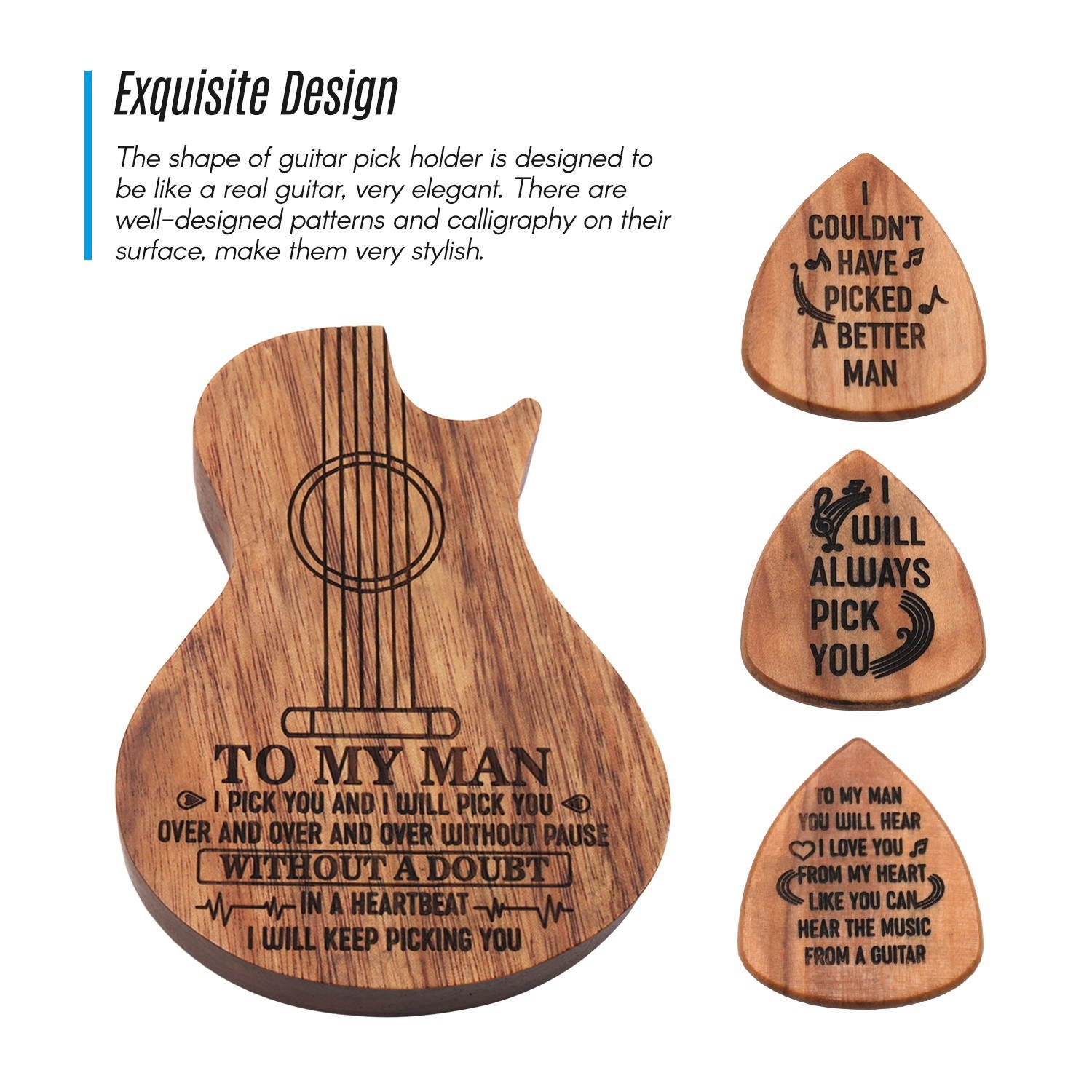 Wooden Guitar Pick Box Holder Guitar Shape 3 Compartments Paddles Wood Container with 3pcs Olivewood Picks