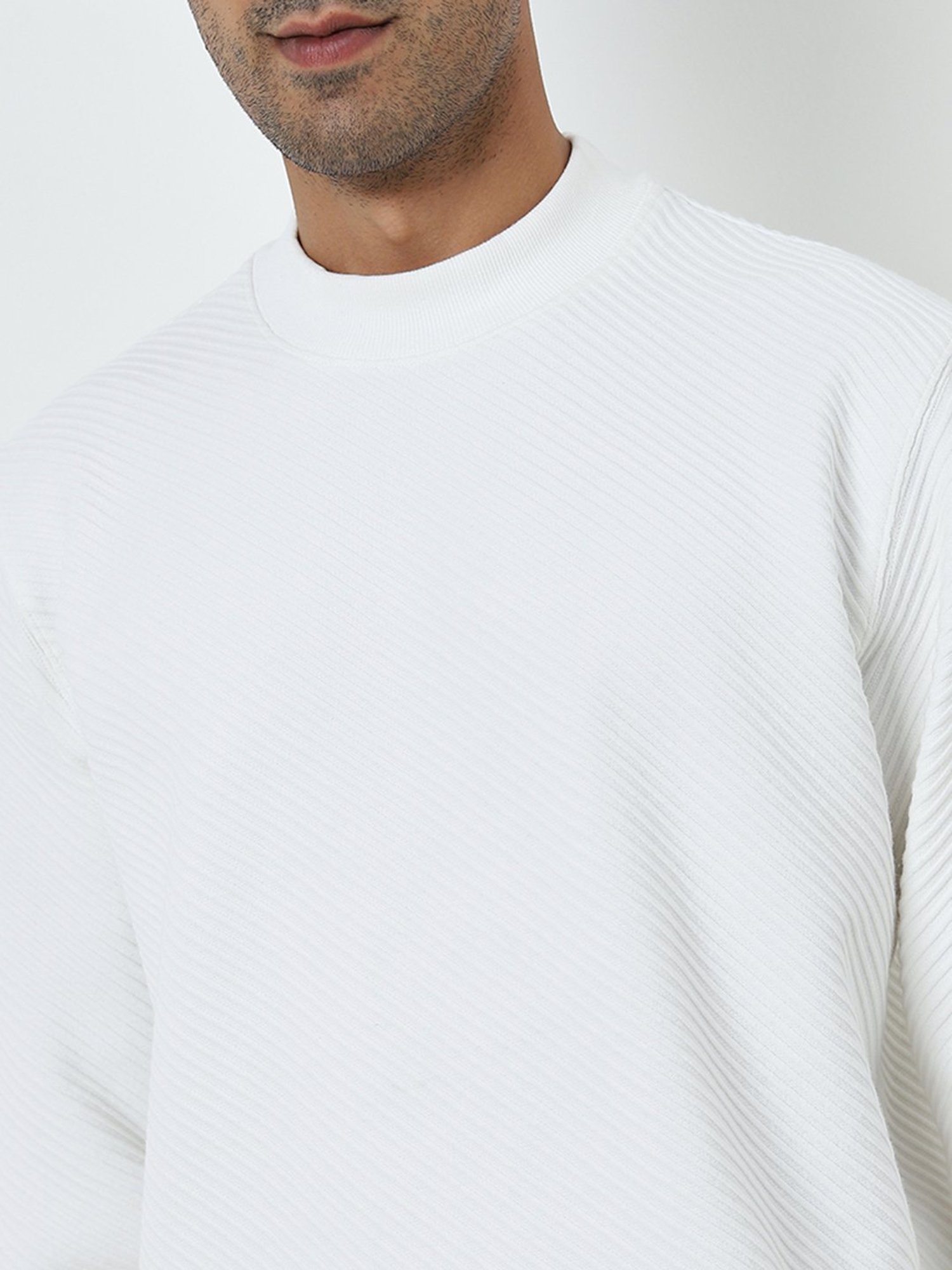 Ascot by Westside White Ribbed-Textured Relaxed-Fit Sweatshirt